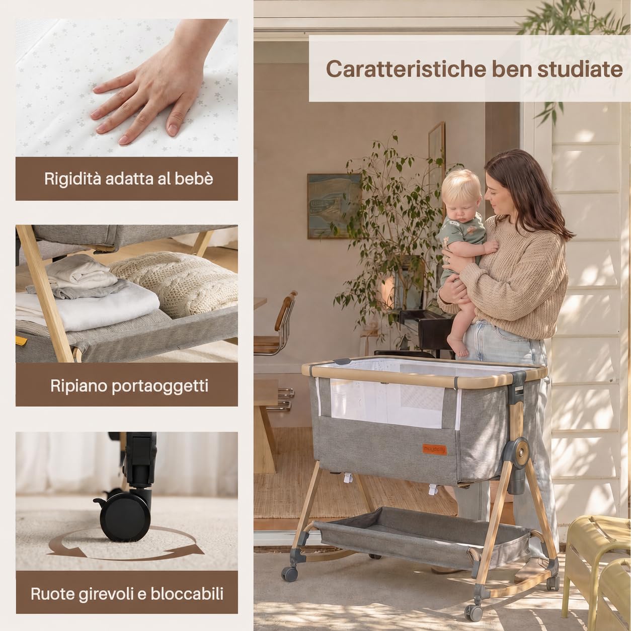 Maydolly Beistellbett 3 in 1 Lettino Portatile per Bambini con Rete Traspirante e Lenzuolo, Carrozzina Regolabile Lettino. (grigio)