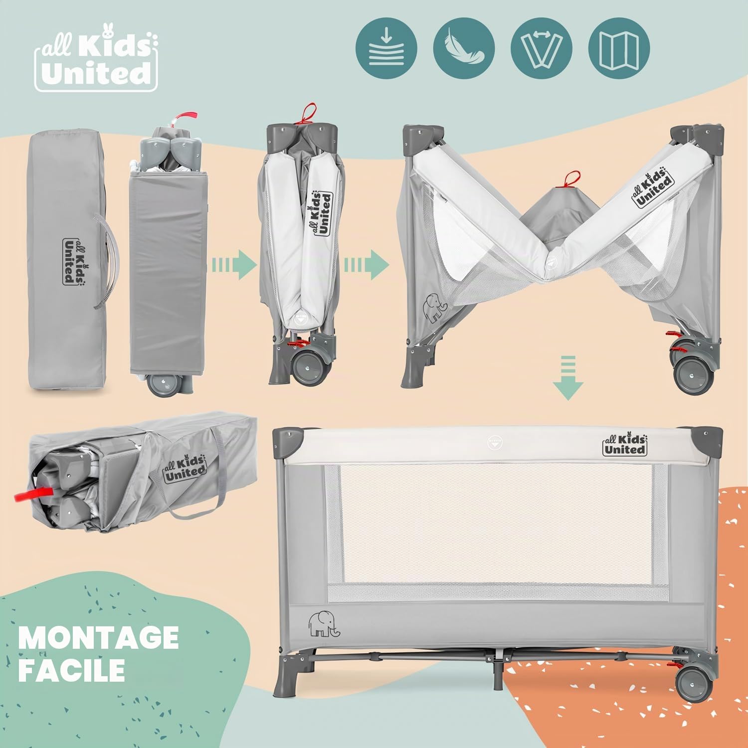 Lit de Voyage pour Bébé Deluxe all Kids United avec Matelas à Langer et Mobile Gris