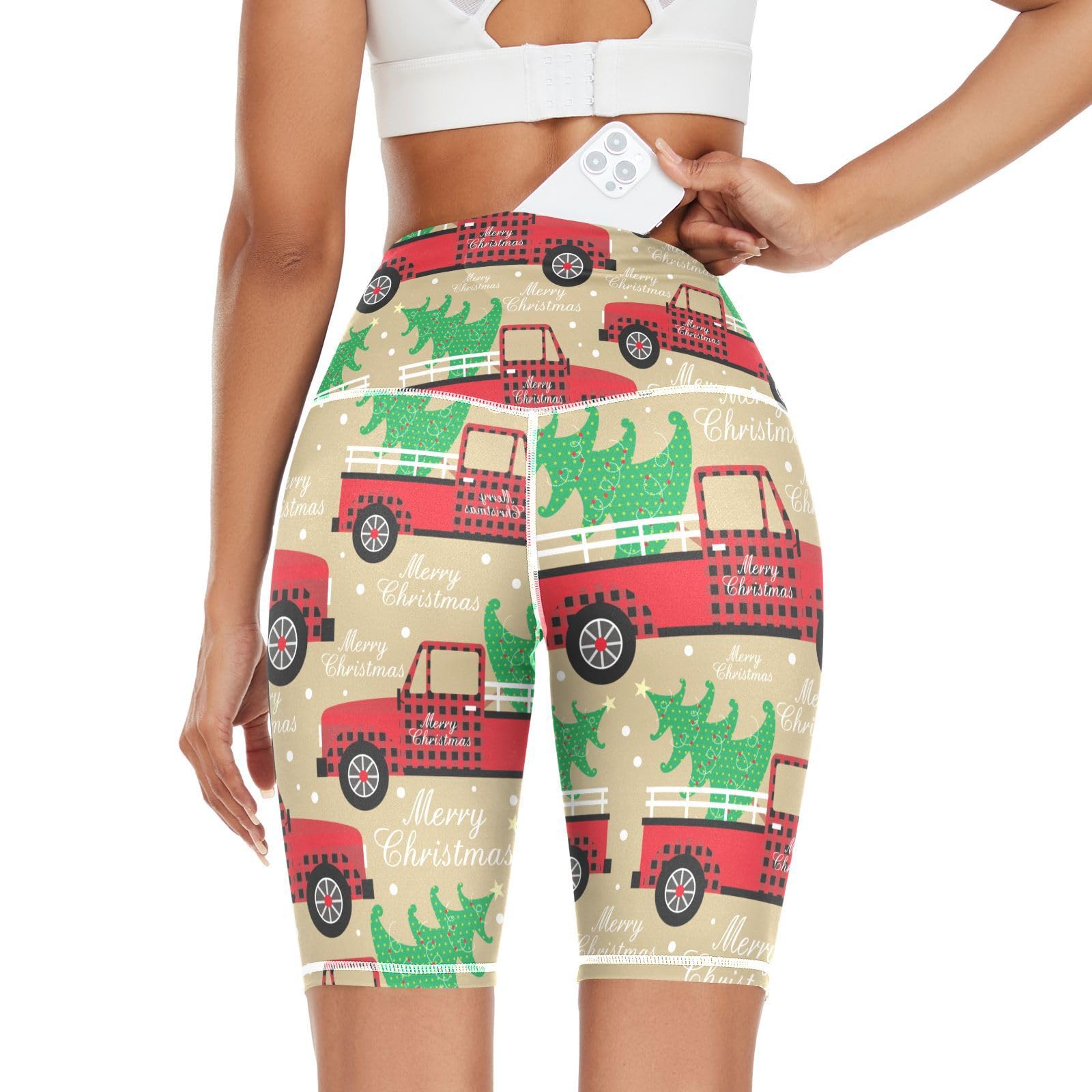 Aflyko Christmas Women Compression Pants Red Truck Green Xmas Tree Stretchy Yoga Leggings Athletic Bikers Bottoms Wide Waistband Cycling Running Shorts, M