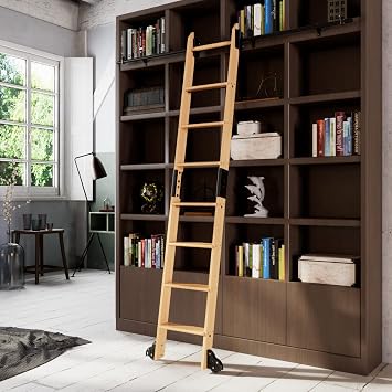 8 ft Rolling Library Ladder Hardware Kit with Ladder, Solid Red Oak Wood, Telescopic Upper Roller, Stable Style&Functional Design, Brown
