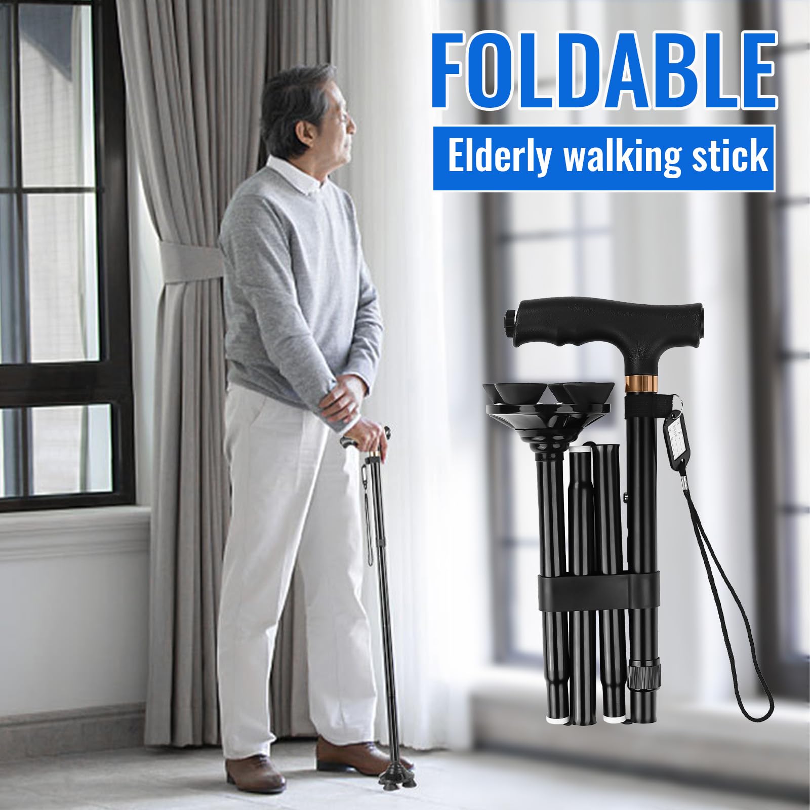 Bastón Plegable con Luz LED Ligero Portátil Bastón de Viaje 5 Niveles Altura Ajustable Base Antideslizante 4 Puntos para Hombres y Mujeres