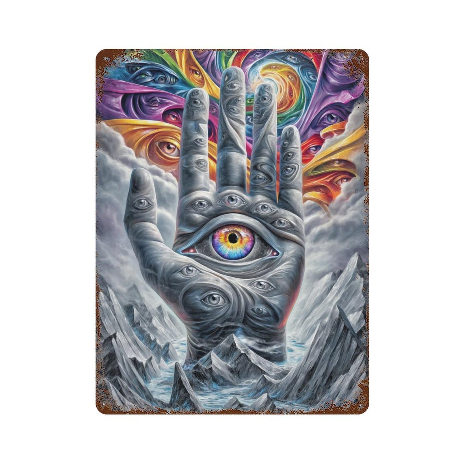 Psychedelic Hand with Eyes 15.7"x11.8" Distressed Metal Wall Sign, Shabby Chic Decor for Shed, Workshop And Garage Wall Decor