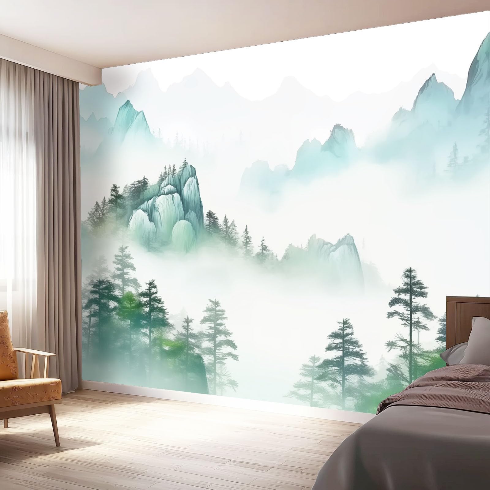 Fototapeta chińskie wzory malarskie 300 x 210 cm – chiński styl krajobrazowy fototapeta ścienna włóknina murale sztuka ścienna polar jasnozielony nadruk dekoracja domu projekt do salonu