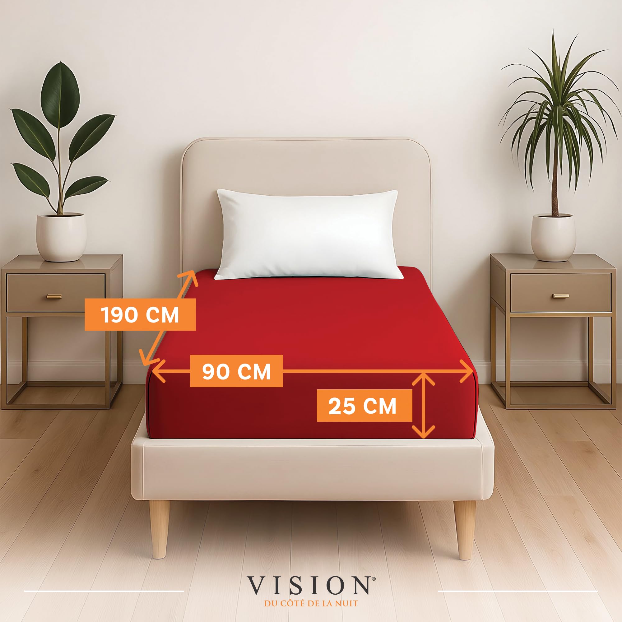 VISION Lenzuolo con angoli - 100% cotone - Letto singolo (90 x 190 cm) - Angoli elasticizzati - Adatto a materassi fino a 25 cm - Certificato Oeko-Tex - Lavabile in lavatrice - Colore: rosso