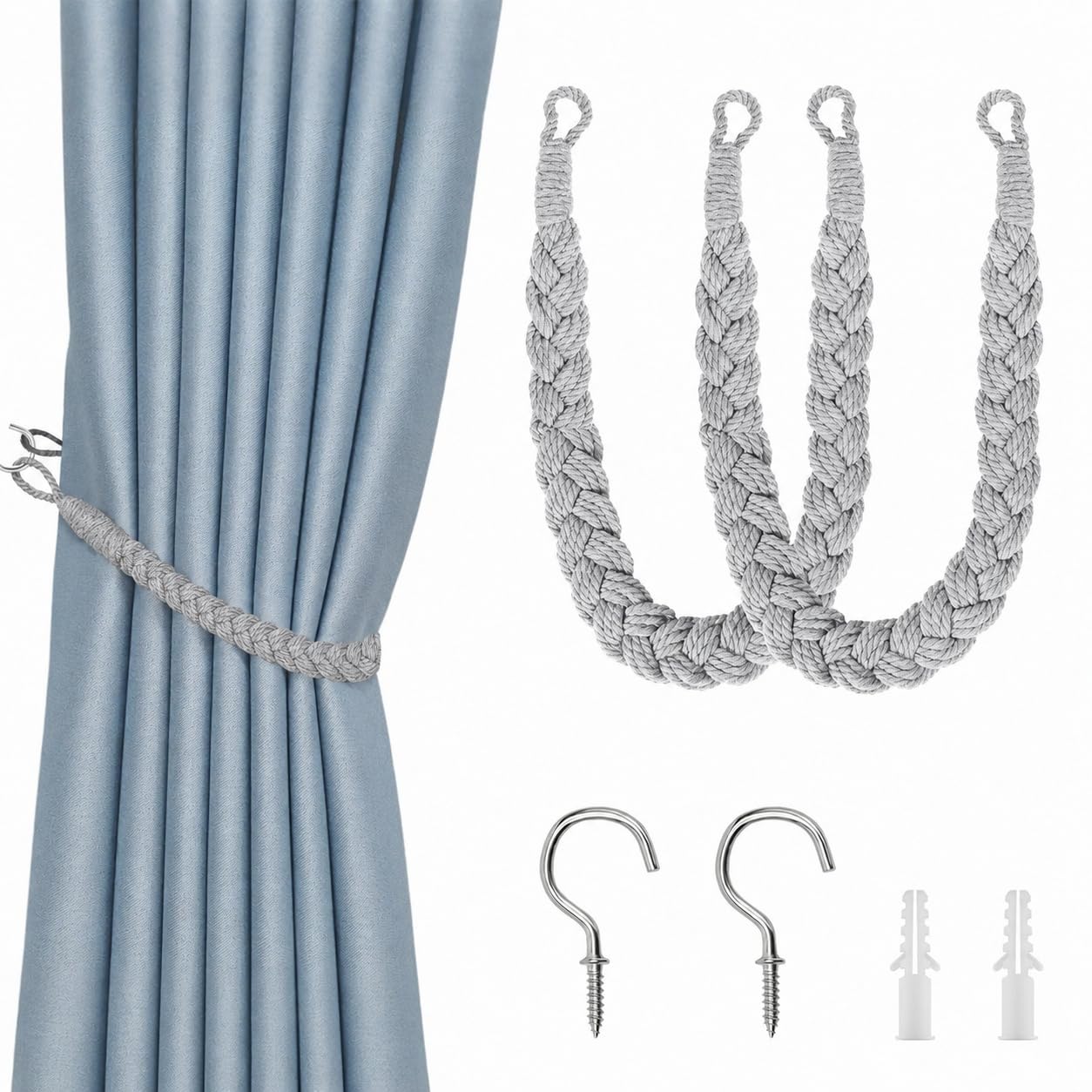 2 Pack Rope Curtain Tie Backs, Hand-Woven Natural Cotton & Boho Style Decorative Curtain Tiebacks with Metal Hooks, Soft Braided Curtain Ties for Home and Office Drapery