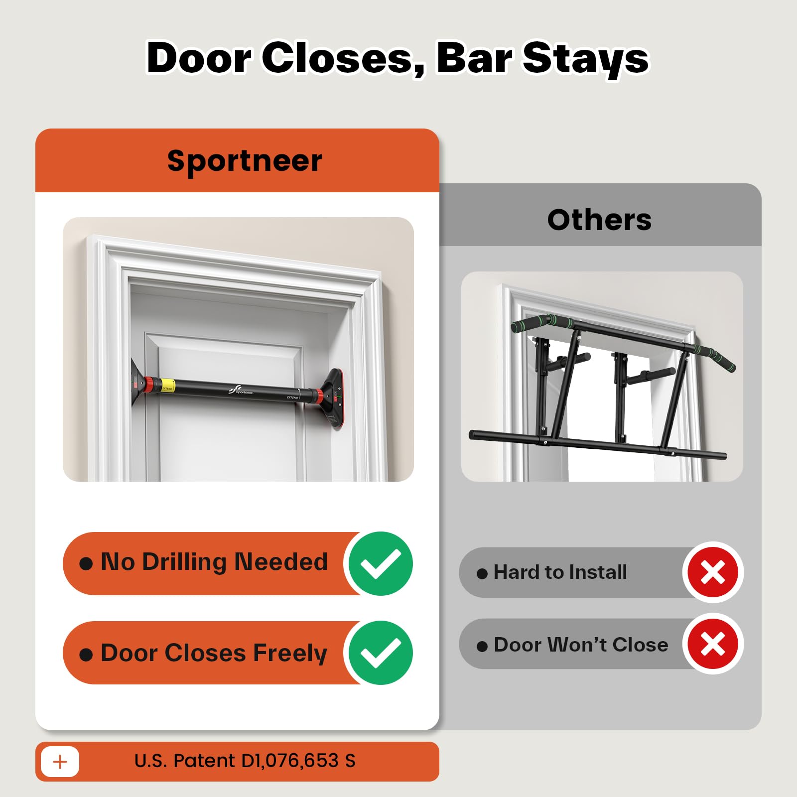 Sportneer Barra per trazioni e trazioni, senza viti, telaio per porta, barra per flessioni, regolabile, 75-94 cm, capacità fino a 200 kg