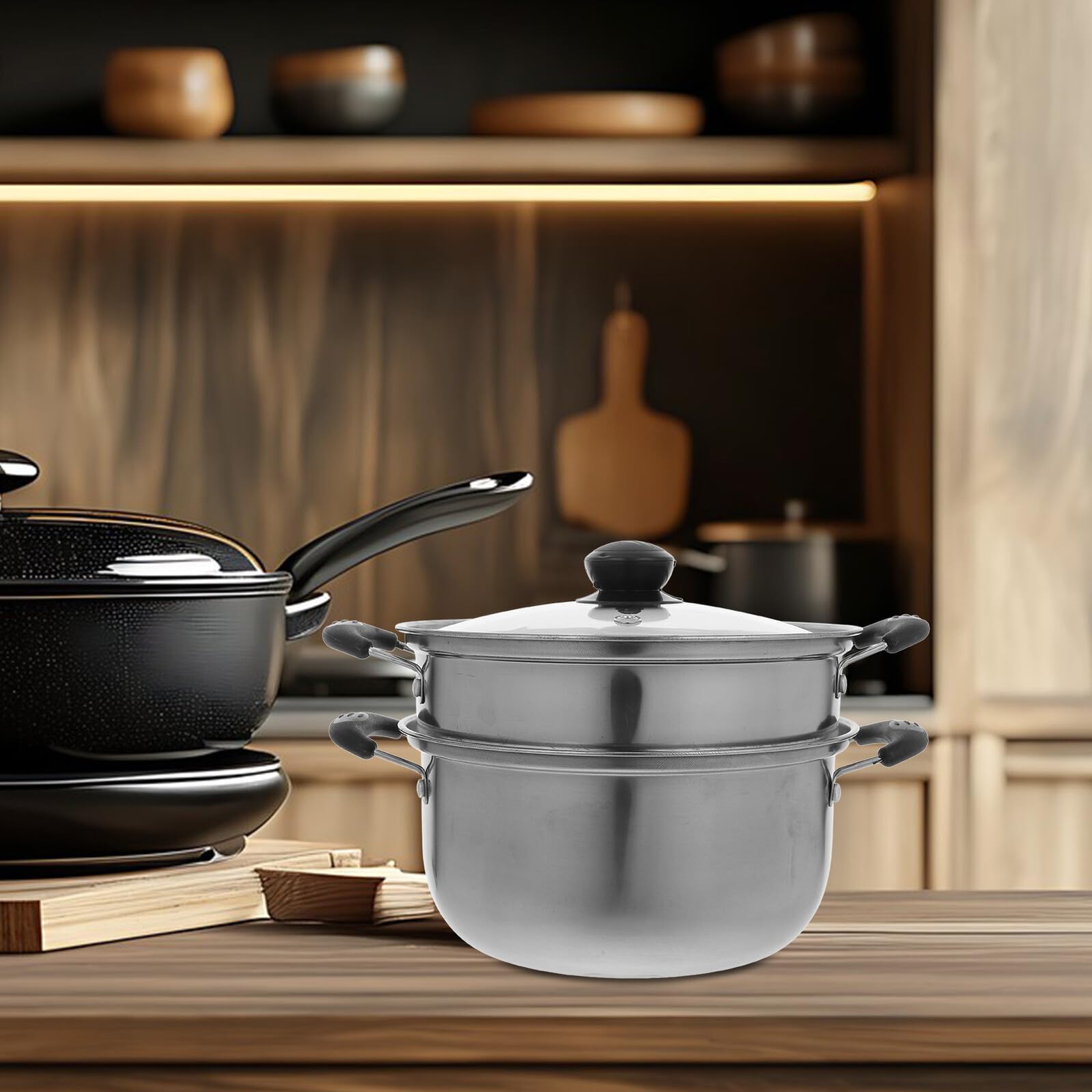 Ipetboom Pentola Vapore Acciaio Inox Vaporiera Cucina Pentola per Cottura a Vapore Compatibile Gas Elettrico Uso Domestico con Coperchio E Doppio Manico