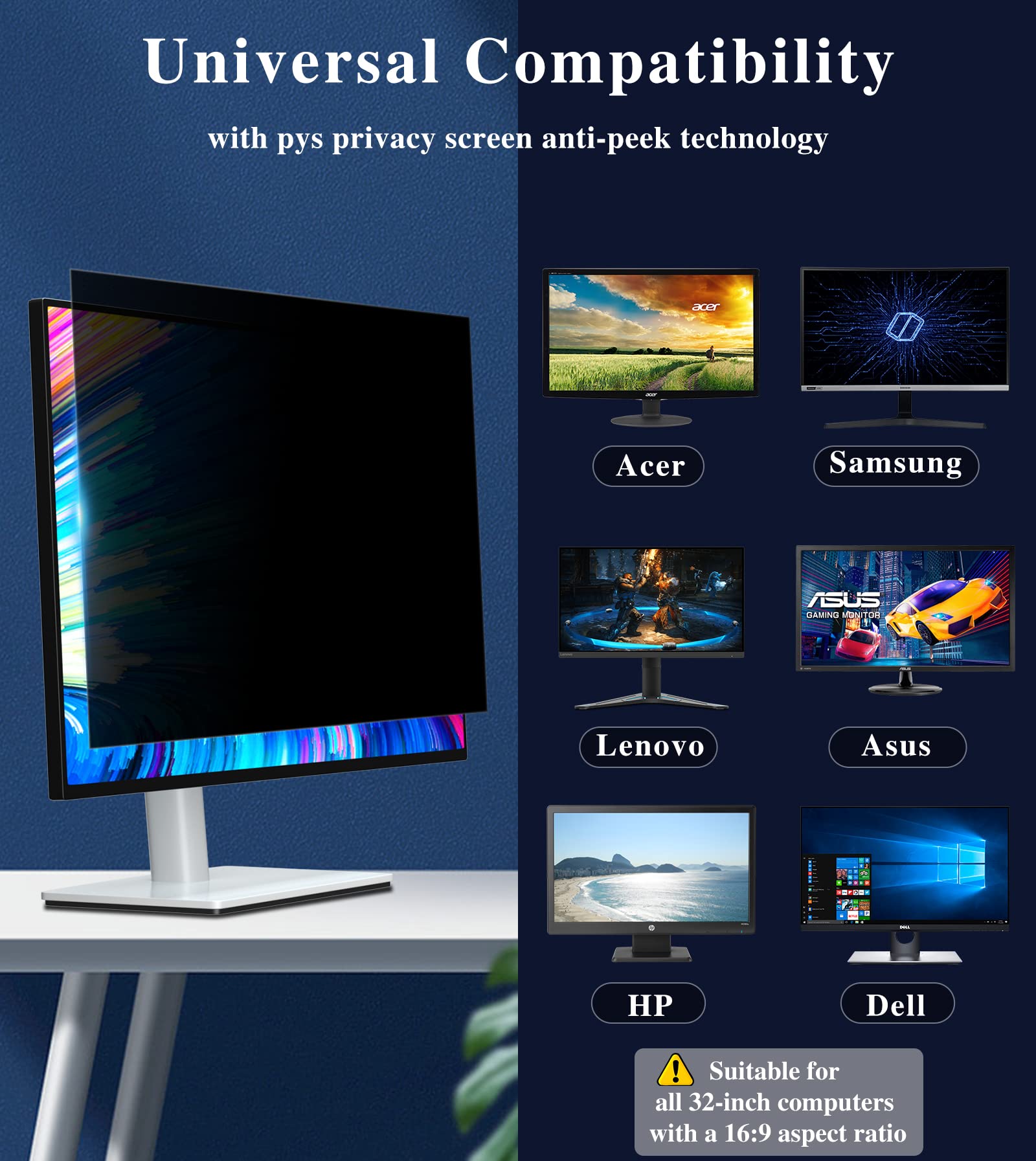 PYS Pantalla de privacidad de 32 pulgadas para monitor de computadora de pantalla ancha 16:9, protector de filtro de pantalla fácil de quitar, antirreflejos y luz azul, película protectora