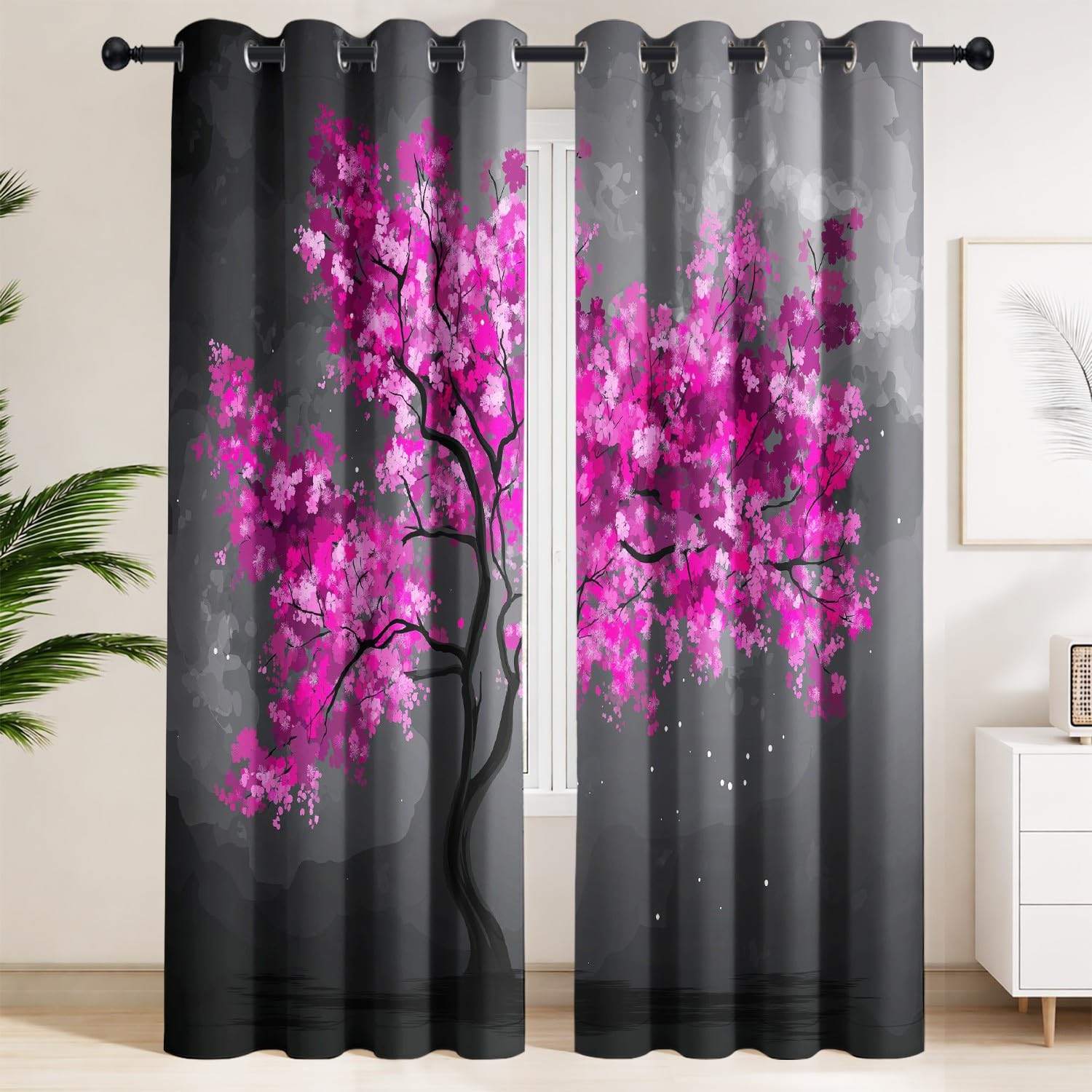 Generico Zasłony zaciemniające 90 x 190 cm - Para zasłon do wnętrz z motywem wiśni magenta w nocy | Styl japoński, akwarela, spokój do cichego studia