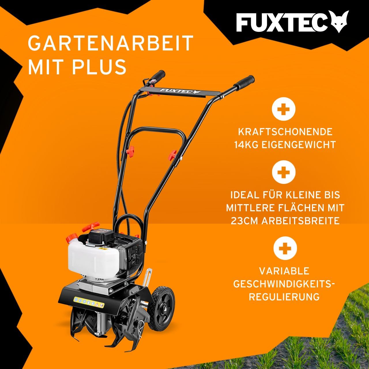 FUXTEC Ackerfräse FX-AF152 – Motorhacke, Bodenfräse mit 2 Takt Motor und 23 cm Breite, einem 51,6 ccm Hubraum, 2 Fräswerkzeuge mit einer Höhe von 70mm - netto Gewicht von 14 Kg