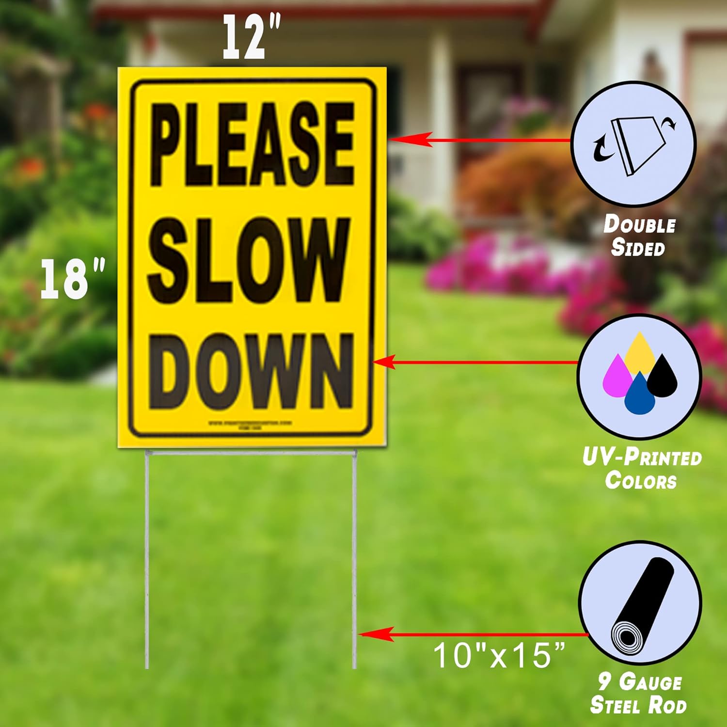VIBE INK Bundle of Please Slow Down Bright Yellow, Non-Reflective - 12" x 18" Yellow Safety Sign + Metal Ground Stakes - Outdoor Signage - Weather-Proof, Double-Sided Print, Made in America (4 Pack Bundle)
