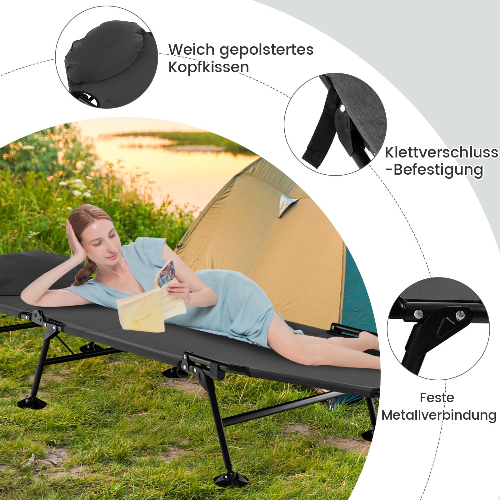 GOPLUS Karpfenliege, Angelliege bis 200kg belastbar, Campingliege Campingbett klappbar mit 6-Fach Verstellbarer rückenlehne & großen Schlammfüßen, Feldbett Klappbett für Angeln Camping
