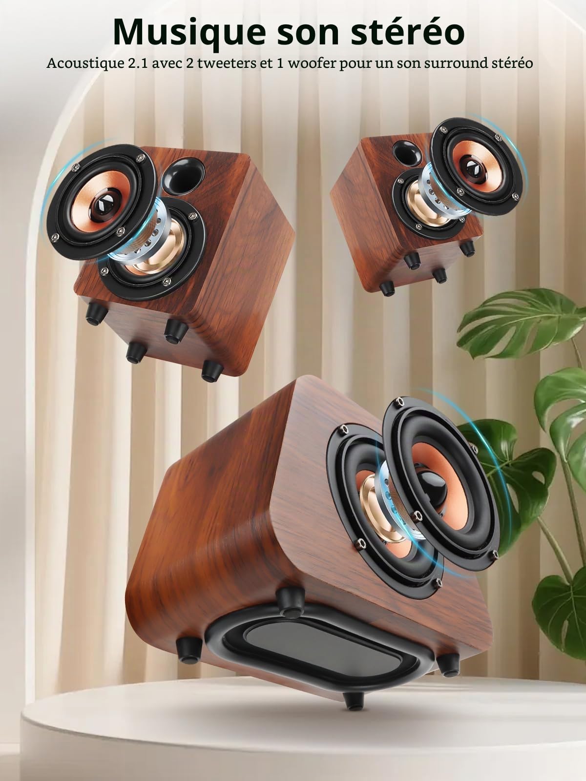 Enceintes PC,Mini Haut Parleur PC avec Subwoofer, Enceintes de Bureau 2.1 Alimentées par USB,RCA Enceintes PC pour Ordinateur de Bureau, Ordinateurs Portables, phonographes, téléphones（K02