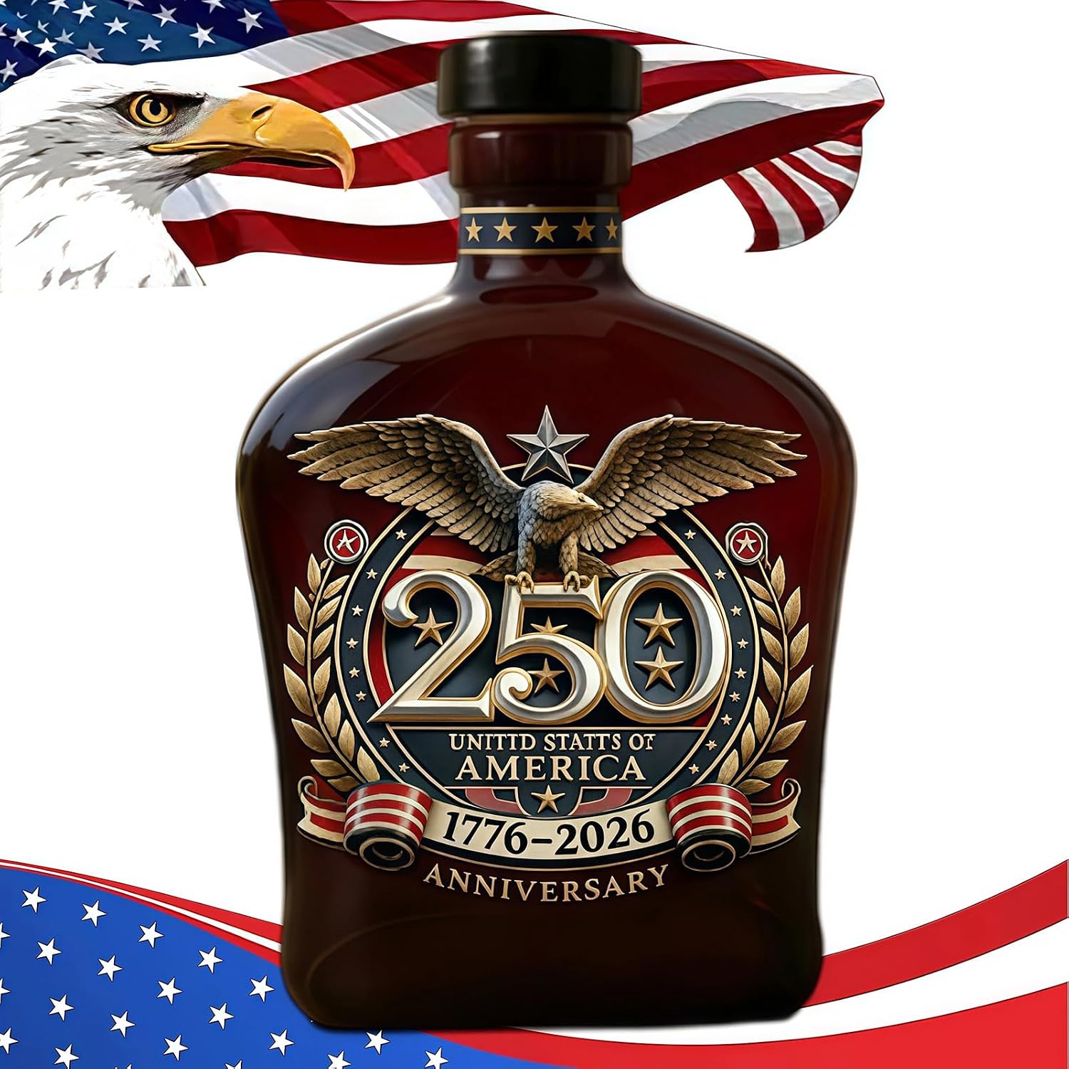 250 Anniversary Whiskey Bottle, 250th Anniversary Whiskey Decanter, 1776-2026 Whiskey Glass, Glass, Amber Brown, 350ml/750ml (750ml-H)