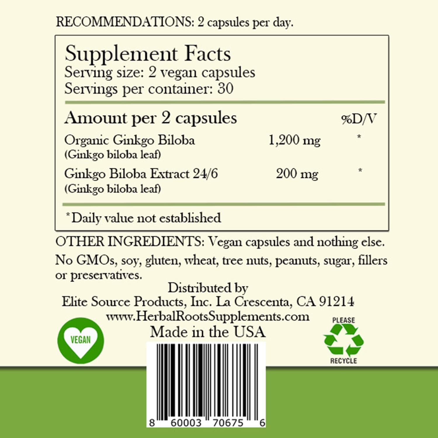 Herbal Roots Ginkgo Biloba Made with Pure Organic Ginkgo Leaf - 1,400mg per Serving, 60 Vegan Capsules - Made in The USA : Health & Household