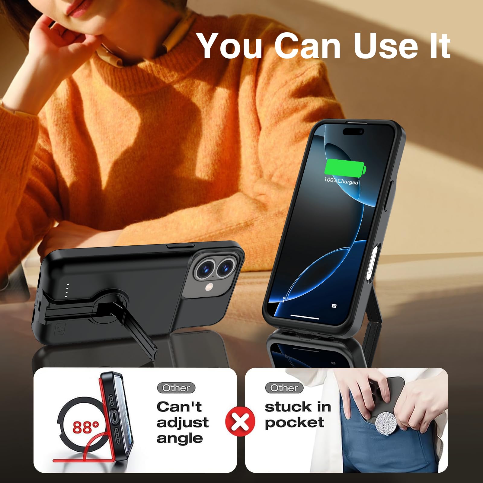 BOPPS Custodia con batteria per iPhone 16 Pro con supporto, custodia protettiva sottile da 8500 mAh con ricarica rapida da 15 W, compatibile con iPhone 16 Pro, custodia caricabatterie da 6,3 pollici