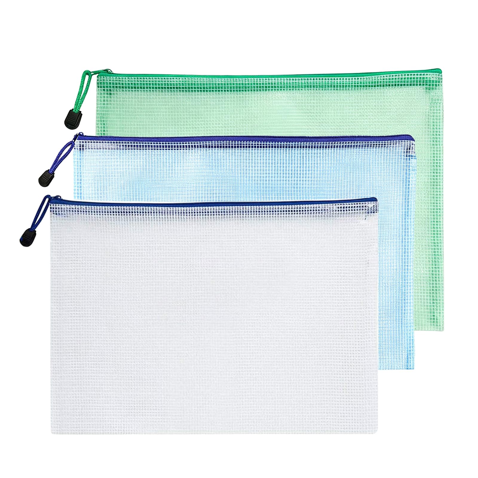 Unifizz 3Pcs B5 Plastic Zipper Pen File Document Folders Seal Bags Document Bag Pockets Wallets Multicolor(White Blue Green)