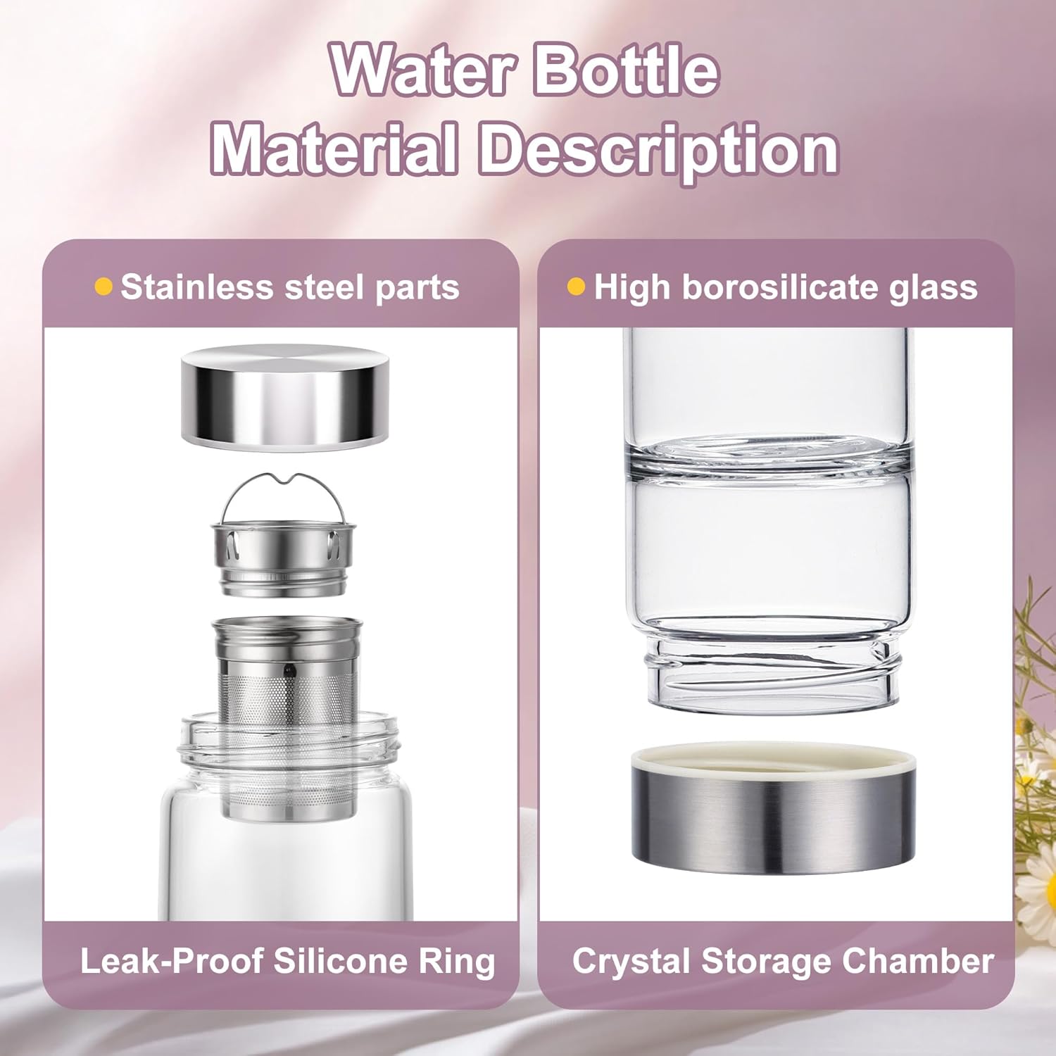 500ml Crystal Water Bottle with Removable Strainer - Includes Amethyst & Rose Quartz Stones, for Tea Lovers