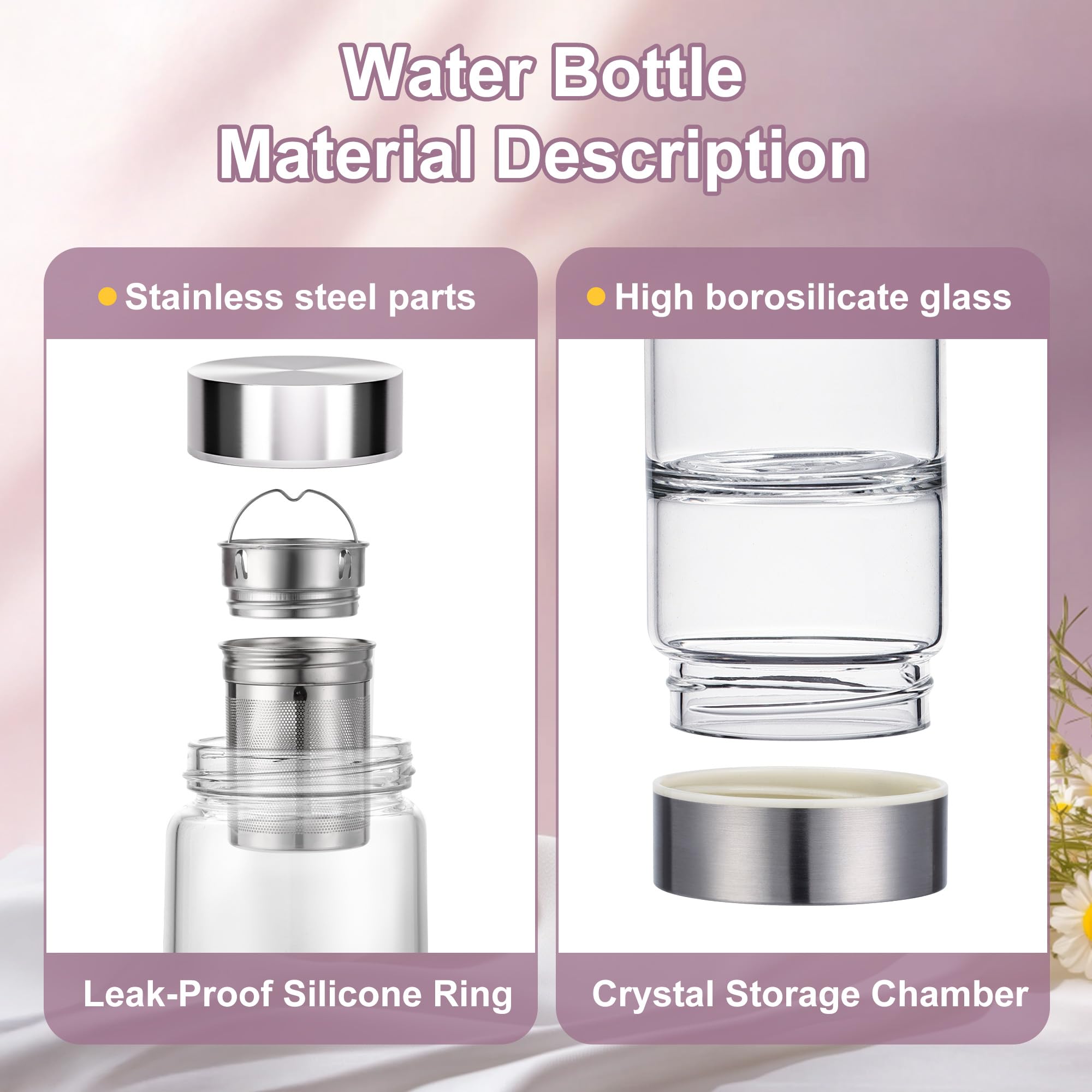 500 ml Kristall-Wasserflasche, auslaufsicher, herausnehmbares Sieb | Borosilikatglas, mit Amethyst- und Rosenquarz-Steinen, wiederverwendbares Kristall-Teesieb, Geschenkidee für Teeliebhaber