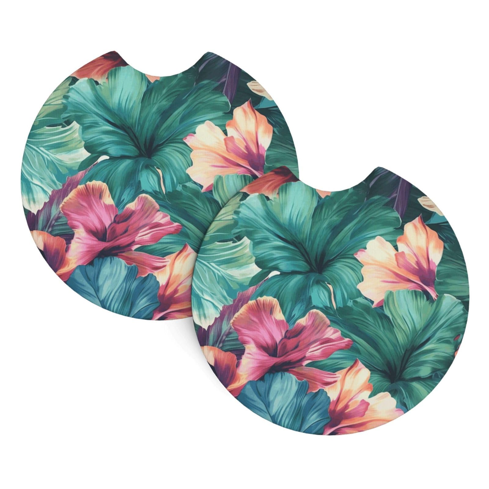 2PCS Car Coaster for Cup Holders Universal Auto Cup Mat Tropical Floral Cup Coaster Pad 2.7" Waterproof Neoprene Non-Slip Cup Holder Coasters Car Interior Accessories for Women Men