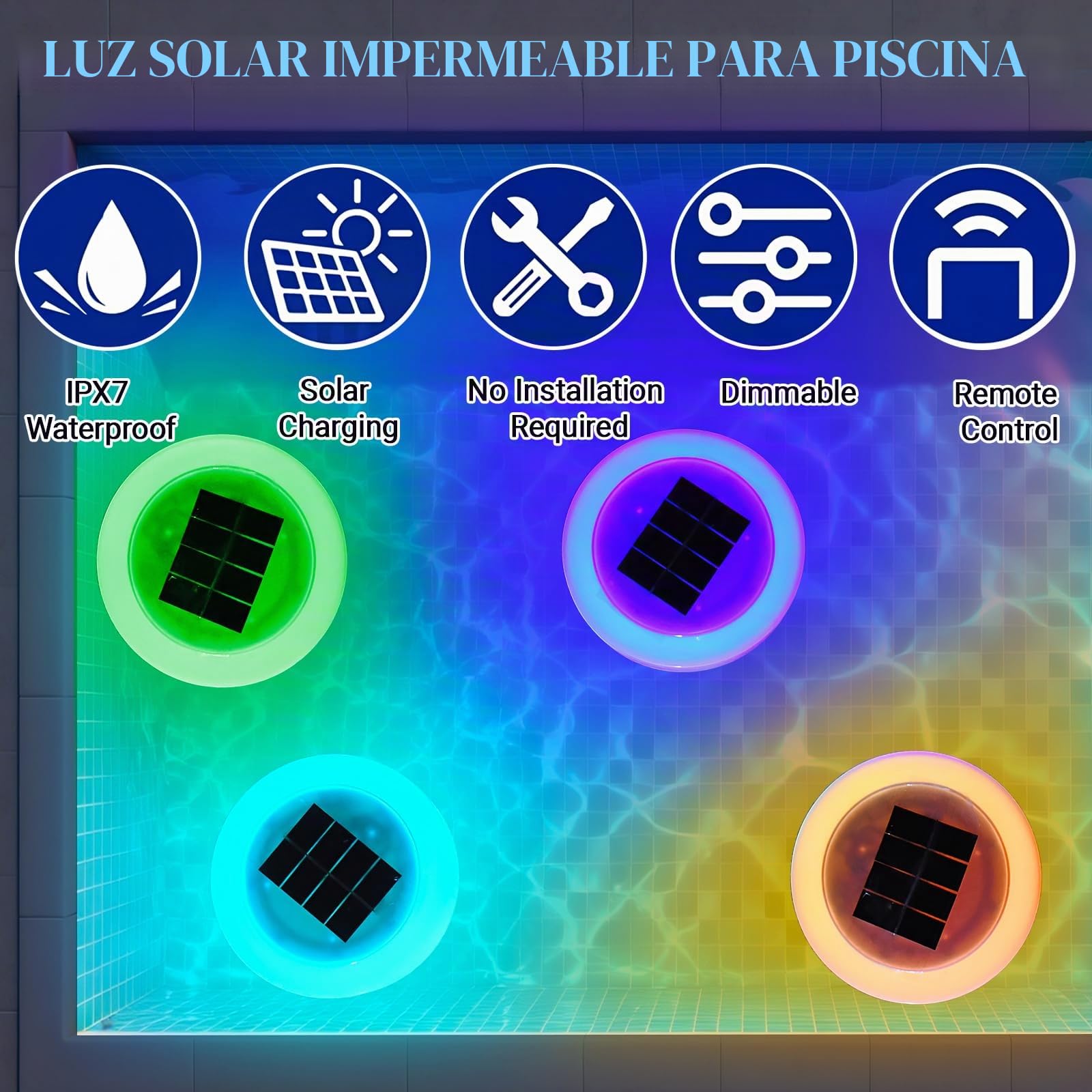 Luces Piscinas con Control Remoto, Luces Solares Flotantes para Piscinas, Luz Rgb Impermeable Que Cambia Color, Luz Subacuática Piscina, Luz Solar para Jardín, Luces Estanques