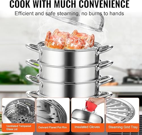Miniatura 5 de VEVOR Olla de vapor 11in/28cm, vaporera de 5 niveles para cocinar con olla de 8.5QT, 3 vaporizadores de verduras y 2 bandejas de vapor, juego de