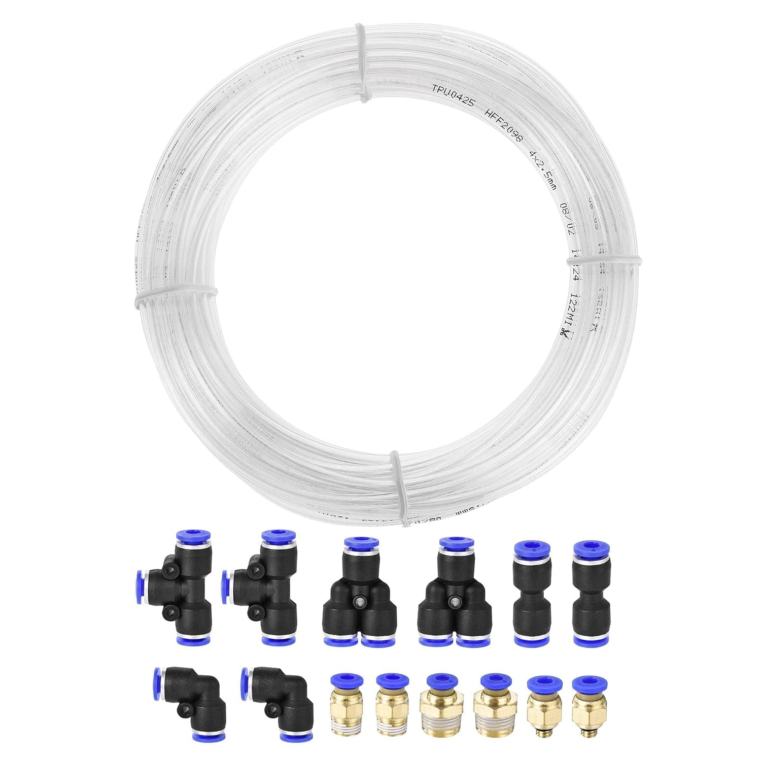 uxcell Pneumatic 4mm OD Polyurethane PU Air Hose Tubing Kit 10 Meters Clear with 14 Pcs Push to Connect Fittings