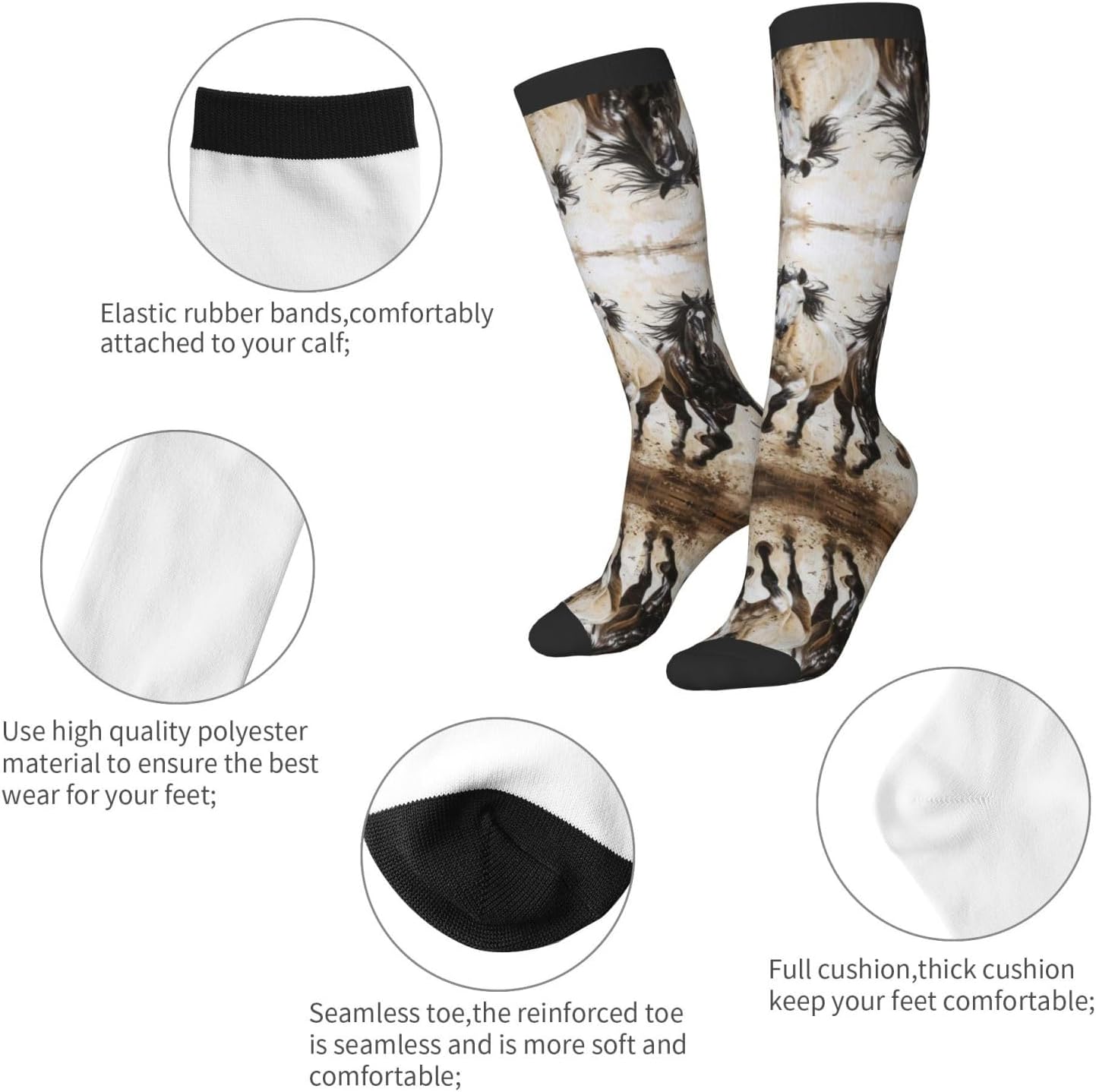 Horses Running Art Print Breathable Crew Neck Athletic High Socks,Suitable For Sports,Running,And Travel.