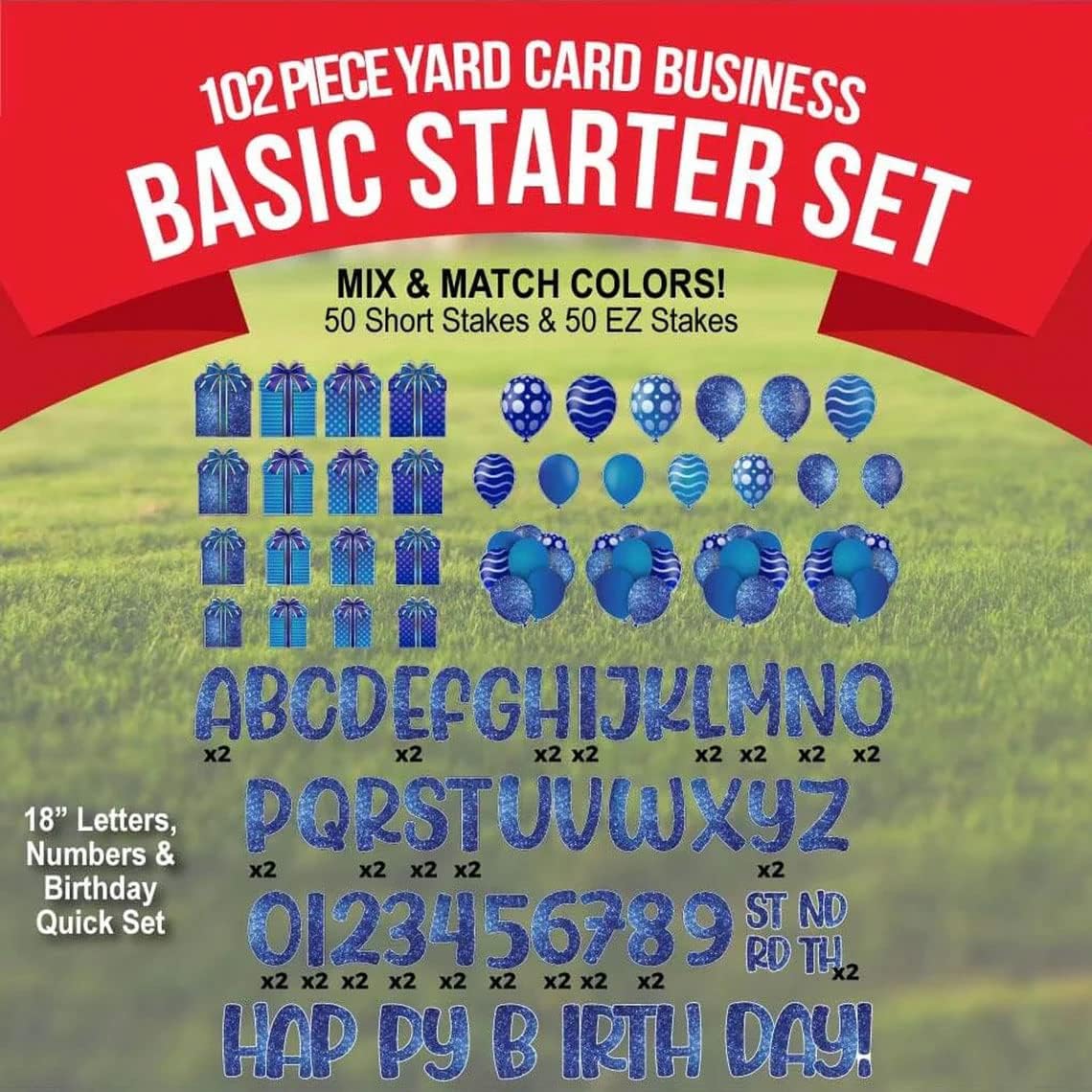 VictoryStore Customizable Yard Card Rental Startup Kit - 102 Piece Set, Pick Your Colors, 18 Inch Basic Starter Package, Jump Up Letters, Stakes Included