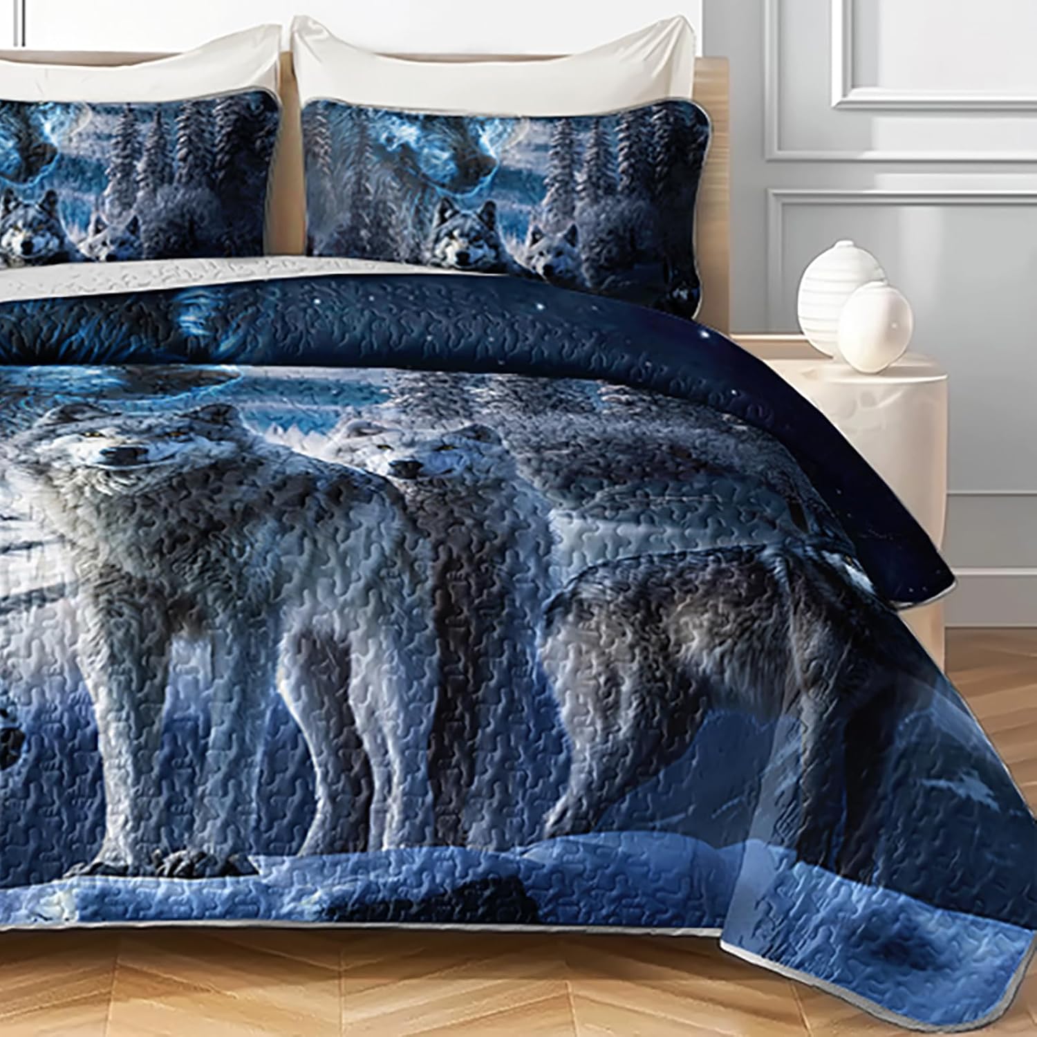 AILONEN Wolf Printed Quilt- Coverlet Set for Boys- Queen Size Quilt Bedding Set Starry Snow Wolves Themed - 3Pcs Safari Wolf Quilted Bedspread for Kids Teens with 2 Pillowcases