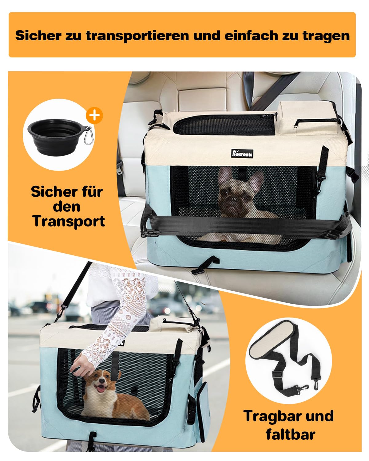 Hundebox M 60x42x42cm, Faltbar Hundetransportbox Inkl.Hundenapf, Tragbare Hundetasche für Reisen, Hunde und Katzen Auto Haustiertransportbox(M, Blau)