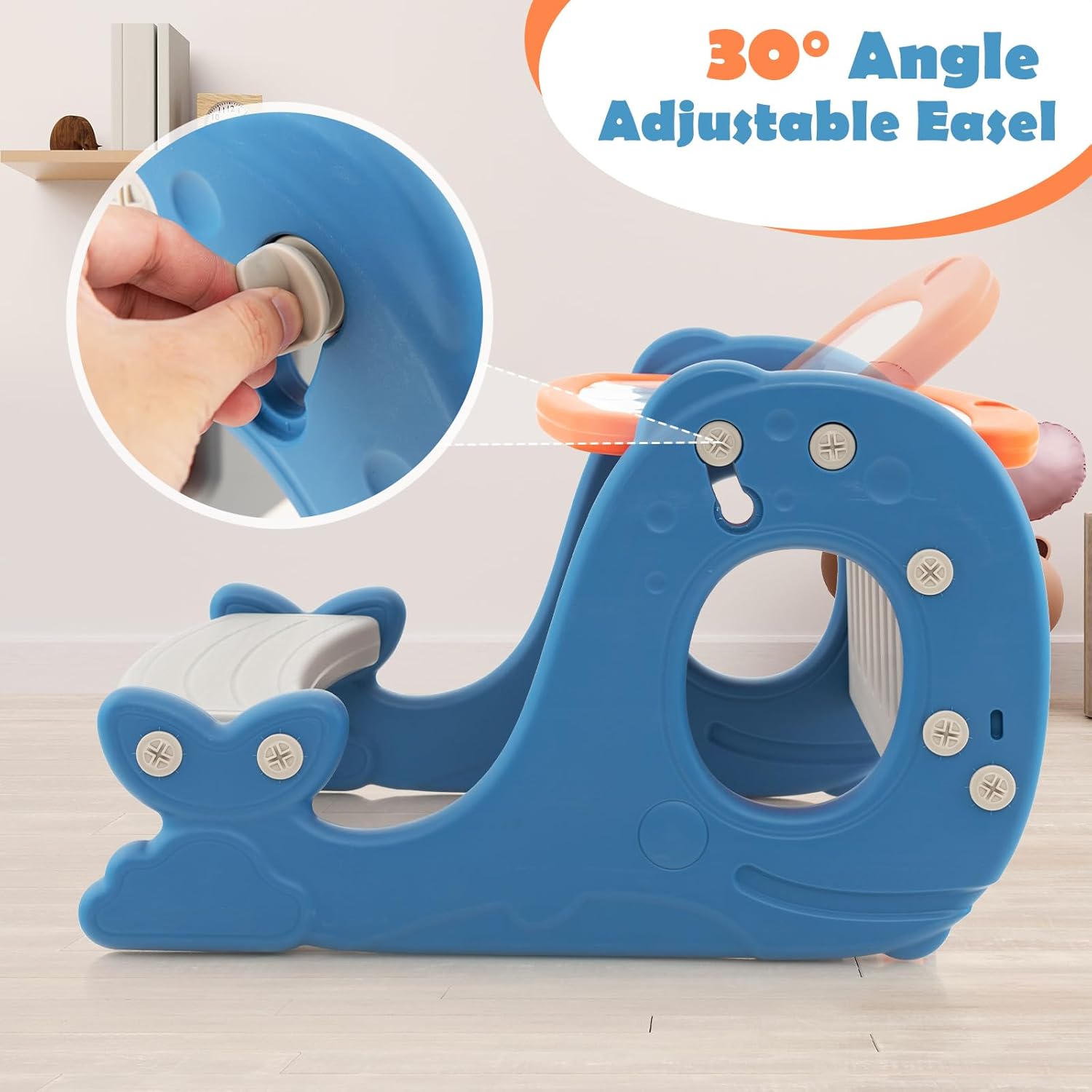 HONEY JOY Kids Art Easel, 4 in 1 Double-Sided Kids Table & Chair Set w/Adjustable White Board, Bookshelf, Storage, Children Activity Table, Toddler Easel for Boys Girls 1 Year Old+ (Blue + Orange)