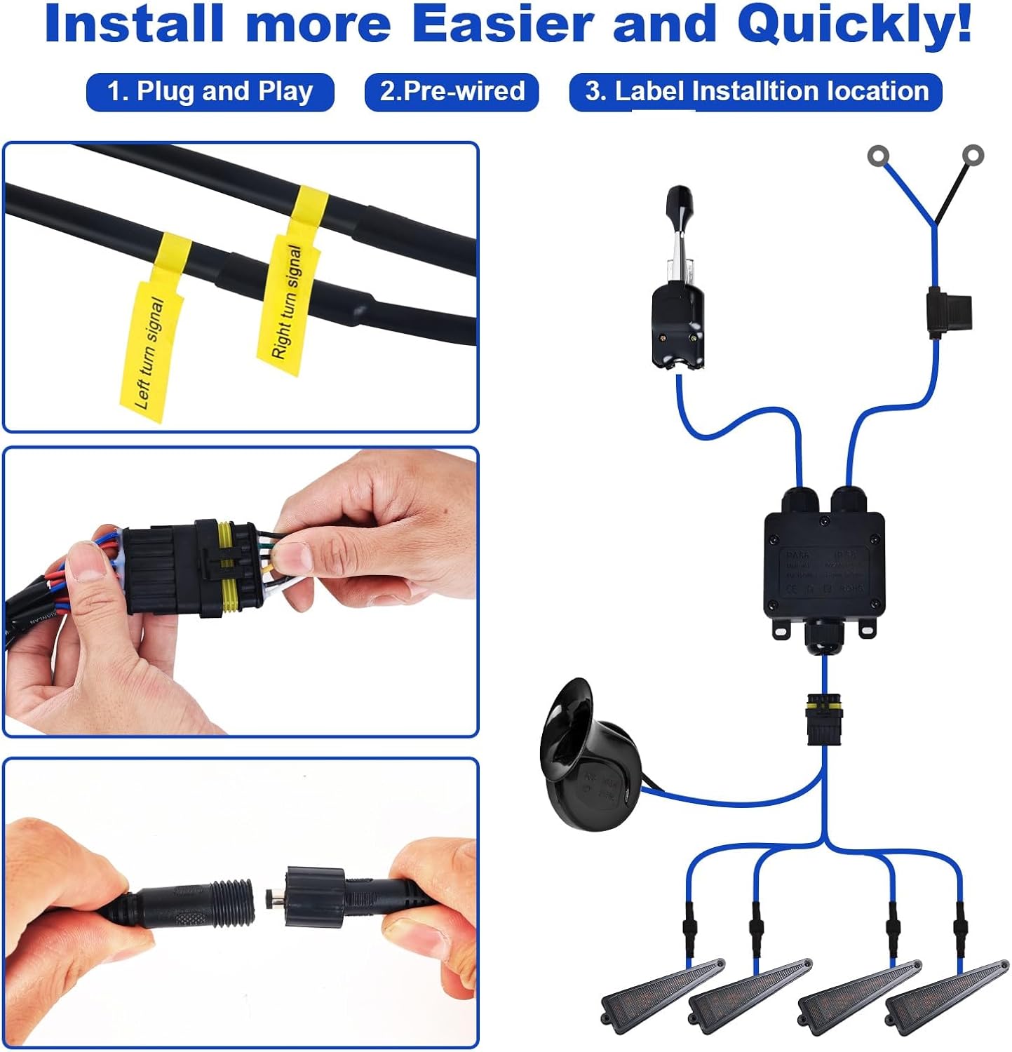 UTV Turn Signal Kit with Lever Column Switch and Triangle Amber Light,Pre-Wired, Plug and Play with Horn, Compatible with Polaris, CFMOTO,Can-Am, Pioneer, Kawasaki