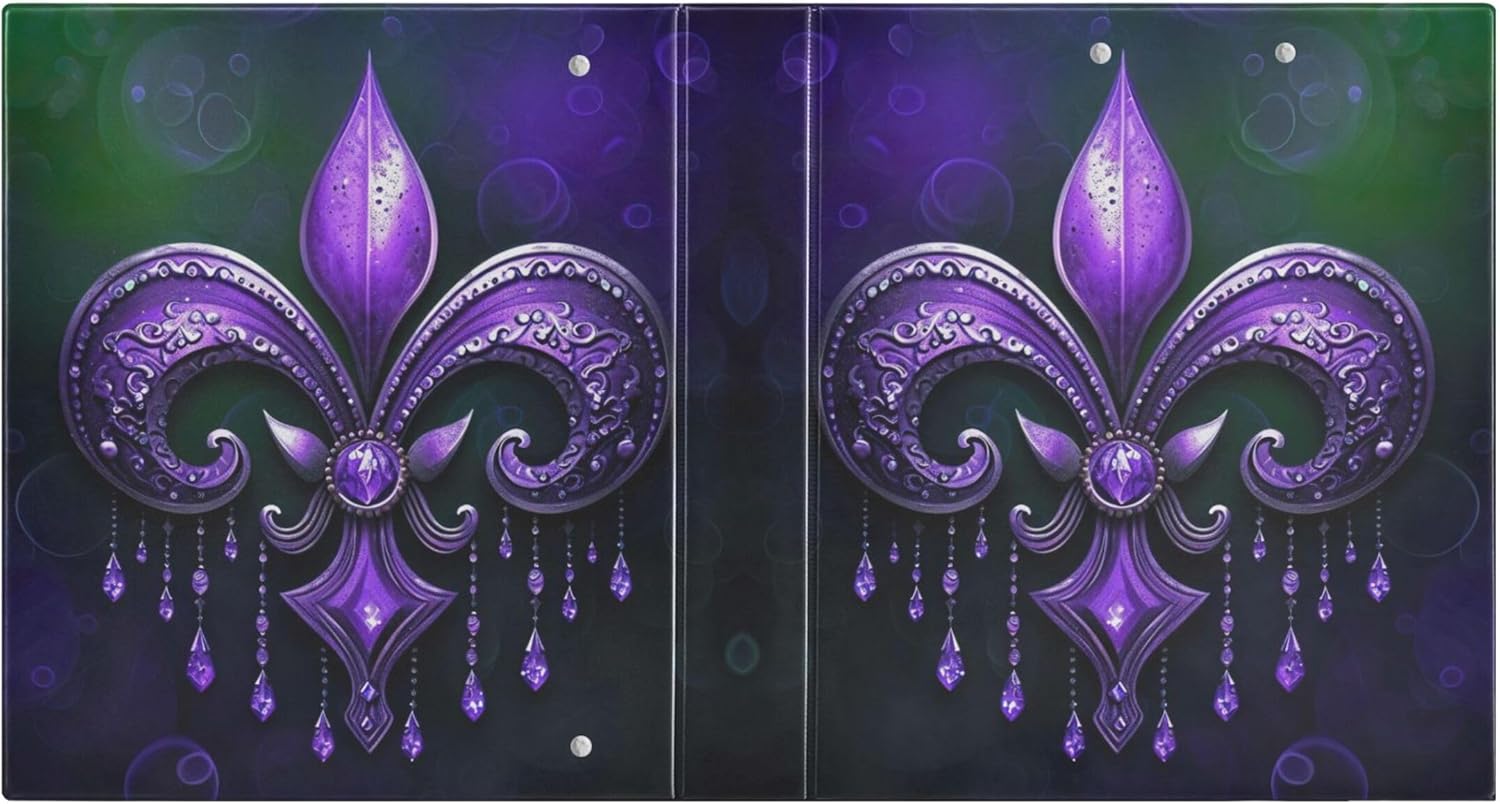 Mardi Gras 3 Ring Binders, 1.5” Round Ring Binders with Clipboard - Letter Size, 3 Interior PVC Clear Pockets & Anti-Slip Clip for Office School Supplies, 2PCS
