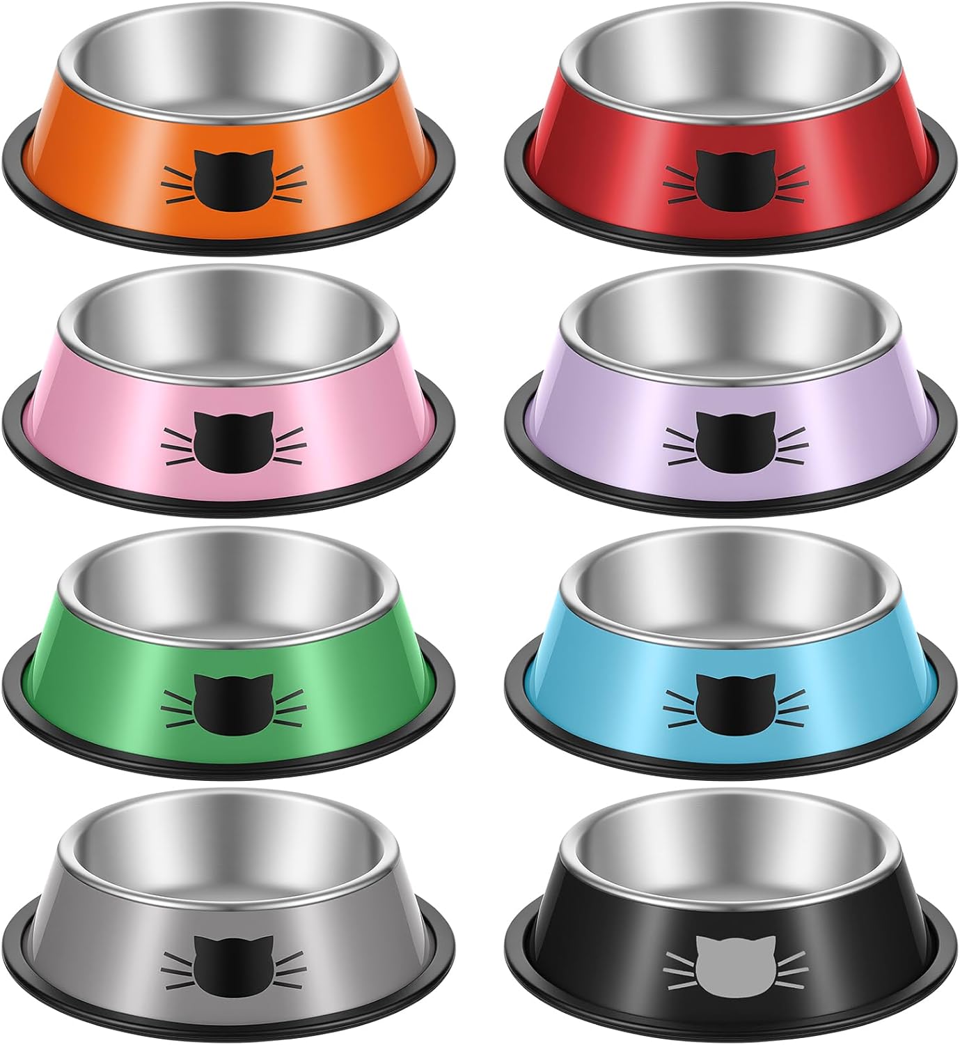 8 Pack Cat Bowls, Stainless Steel Cat Water Food Bowl Set with Anti-Slip Base, 7oz Shallow Pet Dish for Kittens & Small Dogs, Multi-Color (Blue, Black, Purple, Orange, Green, Gray, Red, Pink)