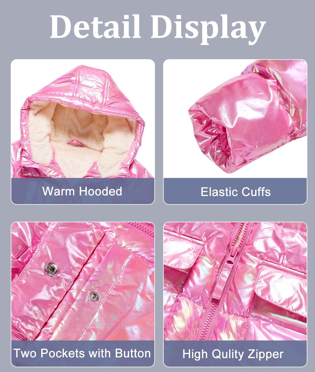 Cutemile 5-12 Years Girls Winter Long Fleece Coat Parka Metallic Puffer Jacket Outwear with Hooded - Image 4