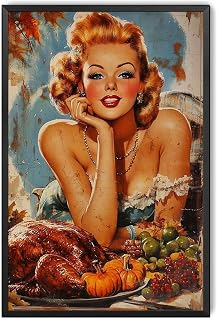 Sign Metal Tin Sign Retro 1950s Style Woman and Turkey, Thanksgiving, Halloween Scene Metal Tin Sign Bar Pub Man Cave Wall Decor 12X8-Metal Framed Tin Painting