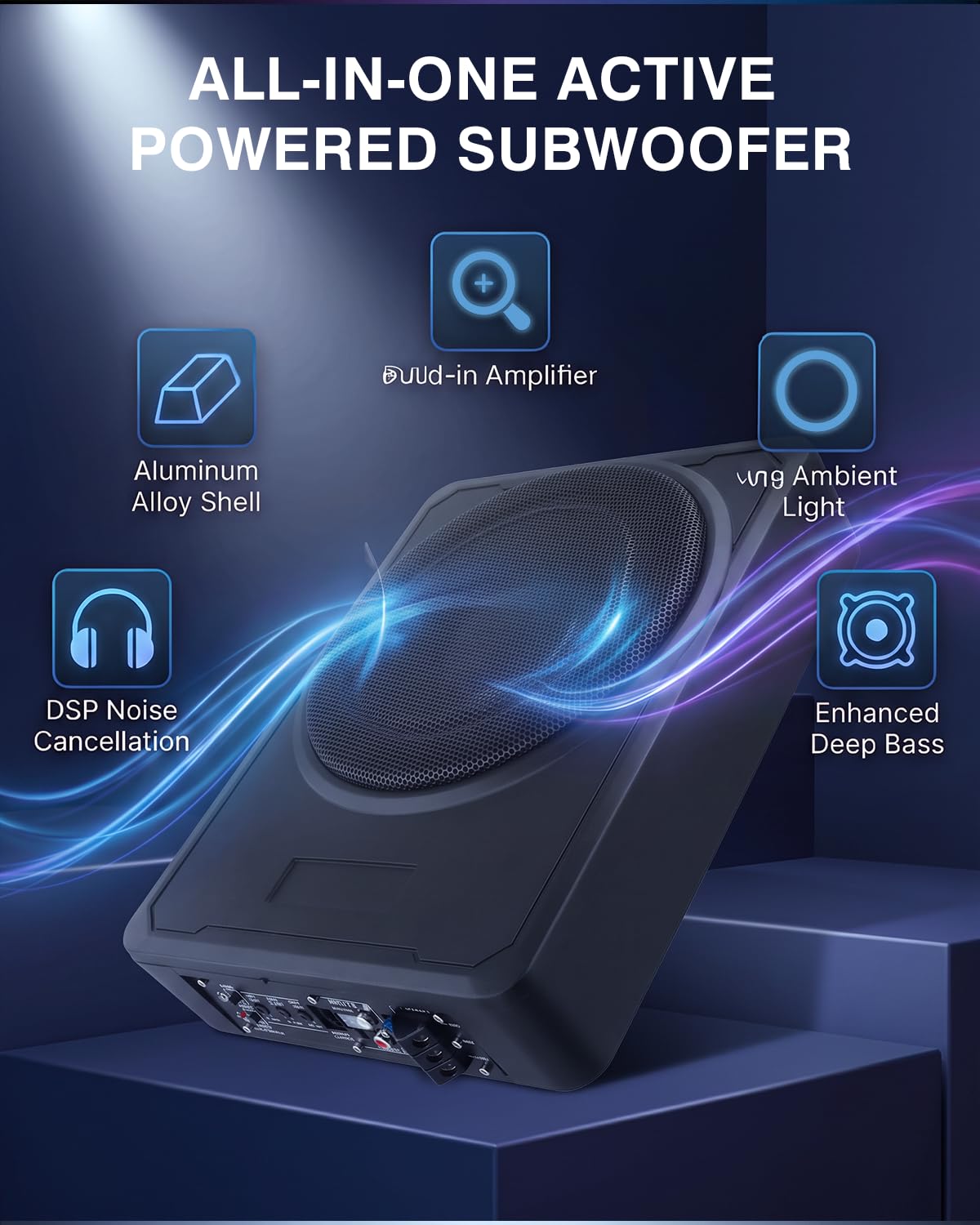 Subwoofer Auto Amplificato Sottosedile, 800W RMS, 1000W Max, 12V