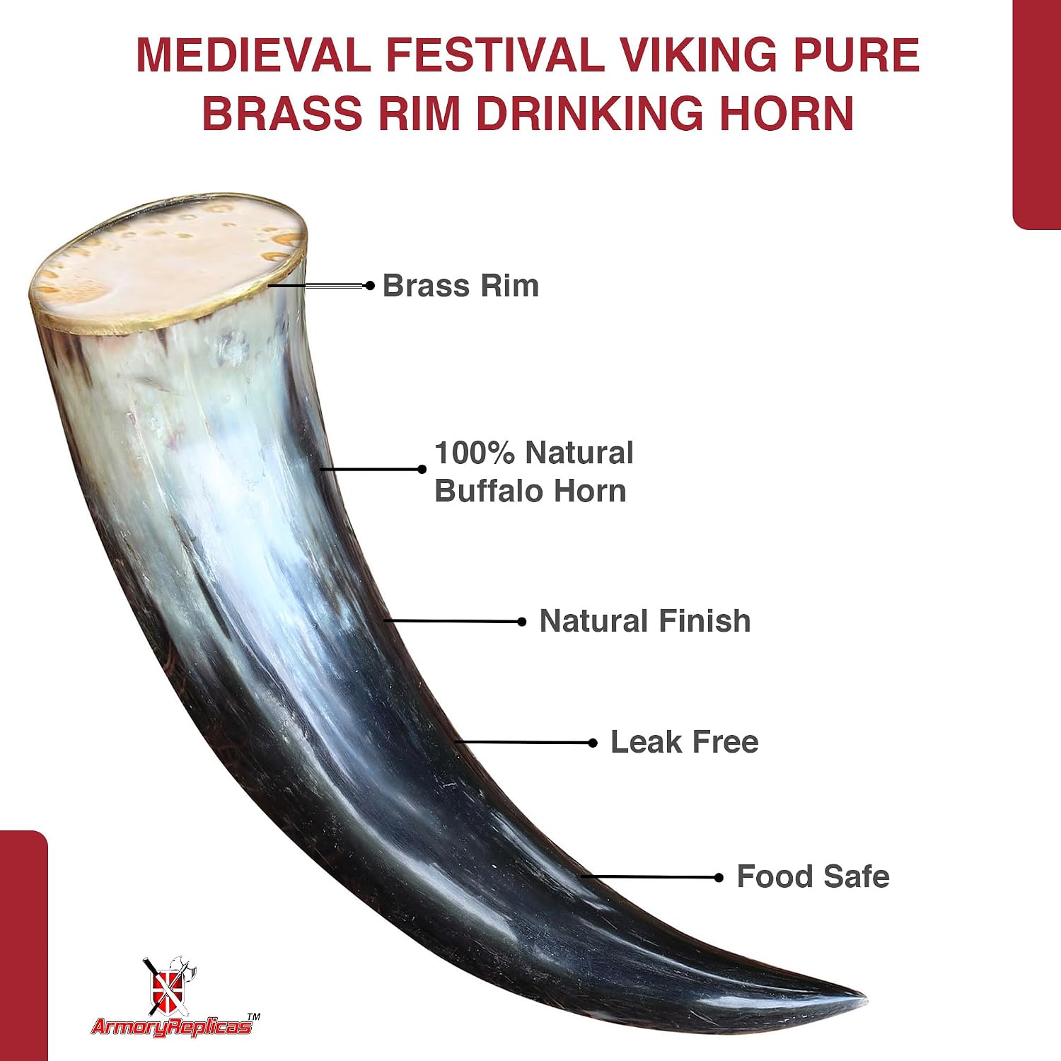 Armory Replicas™ Buffalo Drinking Horn with Brass Rim and Canvas Bag – Handcrafted Viking Style Mug – 12-15 Inches, 10-16 oz