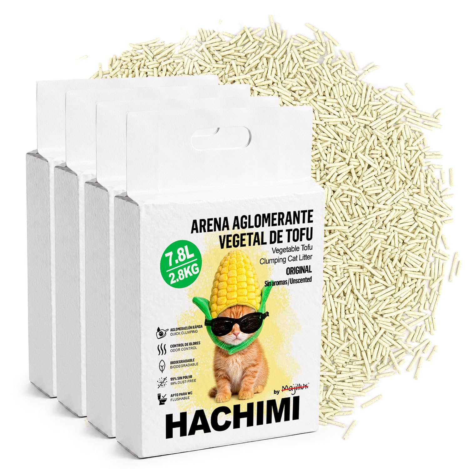 Arena vegetal aglomerante sin polvo para gatos con granos de tofu