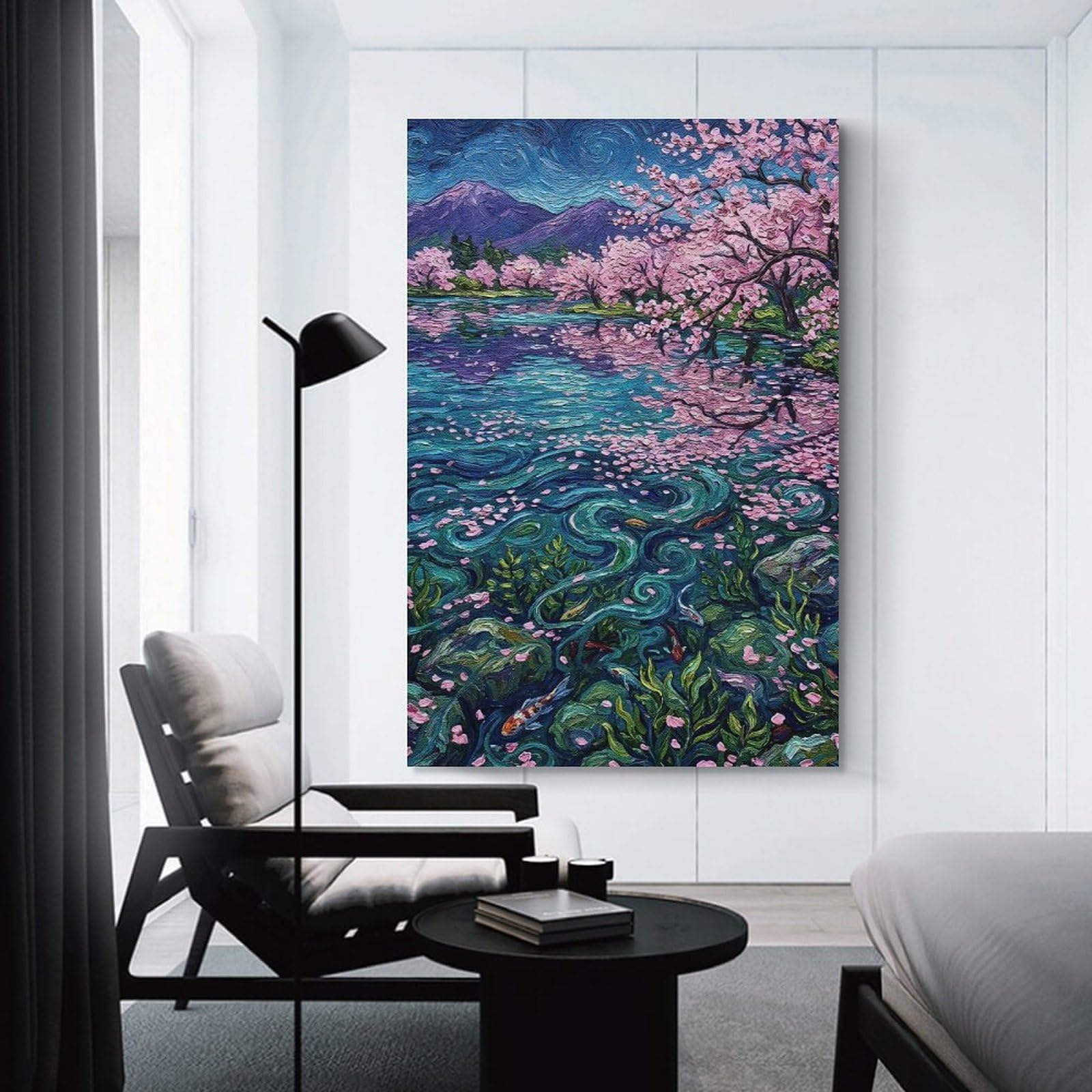 Junmoney Canvas Wall Picture Cherry Blossom Lake with Koi Fish Painting, 20x30inch(50x75cm), for Calm Bedrooms, Home Corners Or Flats, Decorative Wall Art for Cosy Rooms