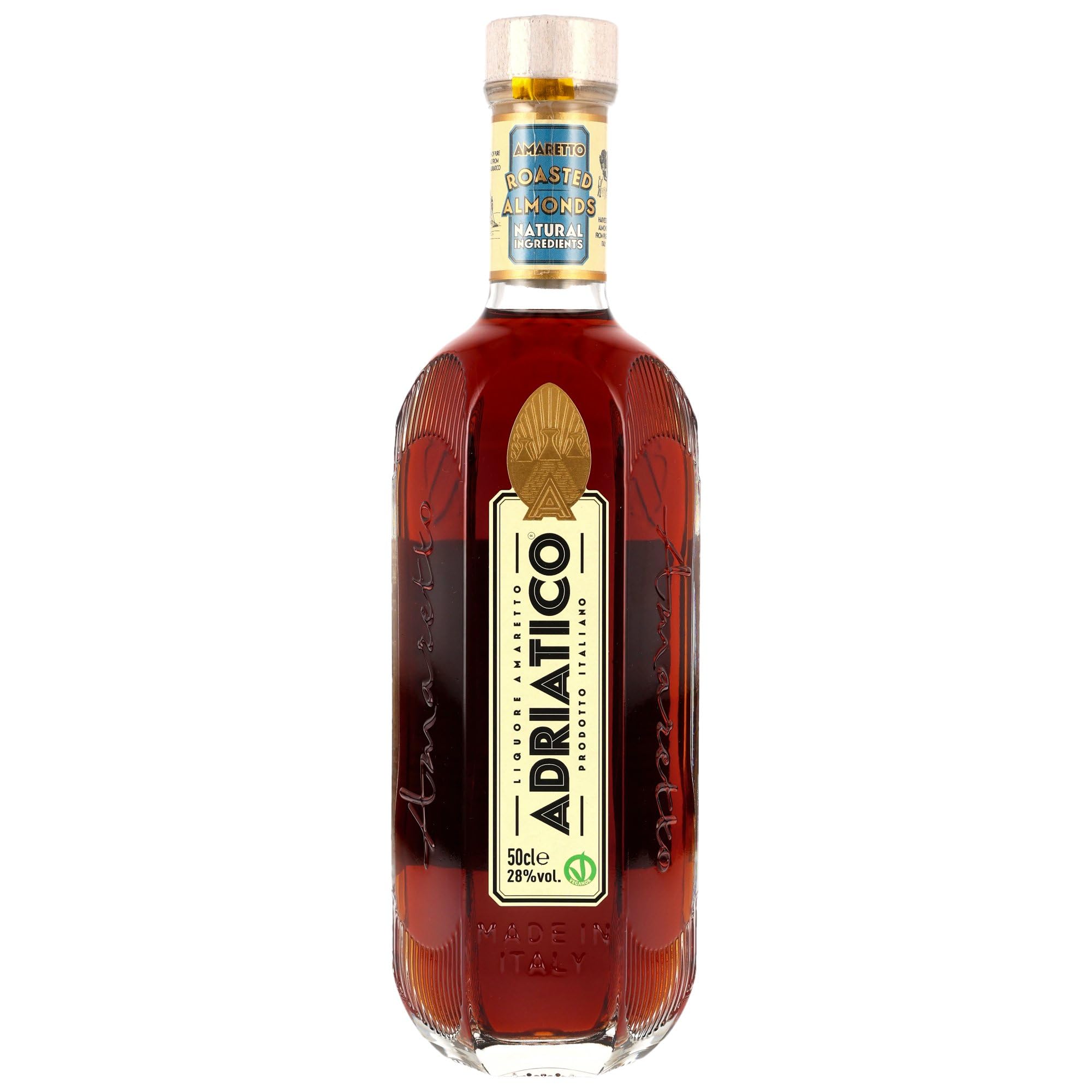 Adriatico Amaretto Roasted Almonds I Gerösteter Mandel-Likör aus Apulien I Natürlich & weniger süß I Mit Kaffee, Kakao & Zimt I 28% Vol. I 500 ml