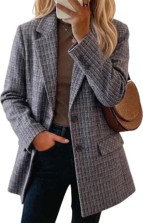 Mina Self Fall Womens Plaid Blazer Wool Houndstooth Jacket Business Casual