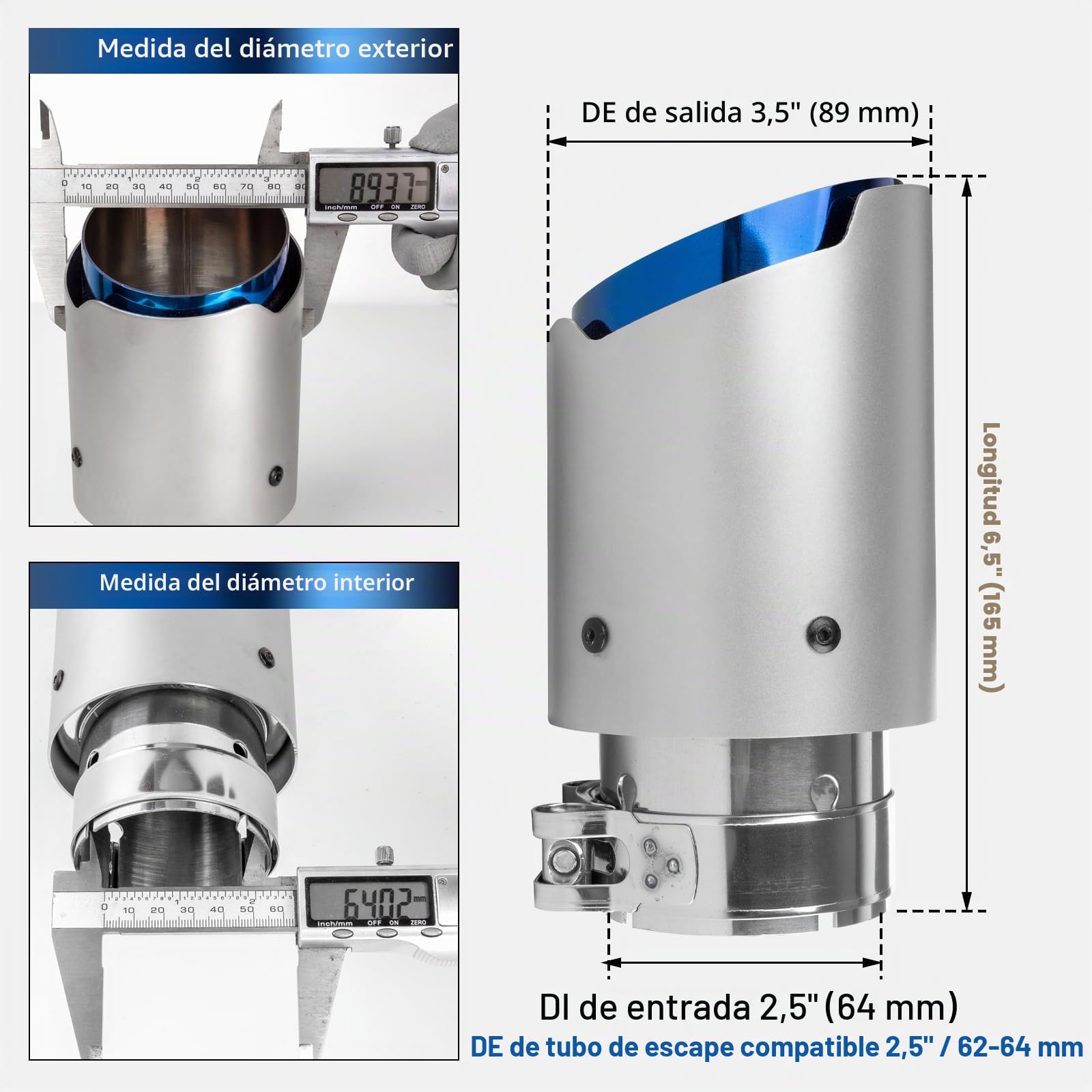 2.5" Tubo de Escape en Acero Inoxidable 304 - Punta Cola de Coche 2.5"/64mm a 3.5"/89mm Modificado Silenciador Monosalida con Bolt-On ​​Compatible con Tubos de Escape 62-64mm (Azul/Plateado)