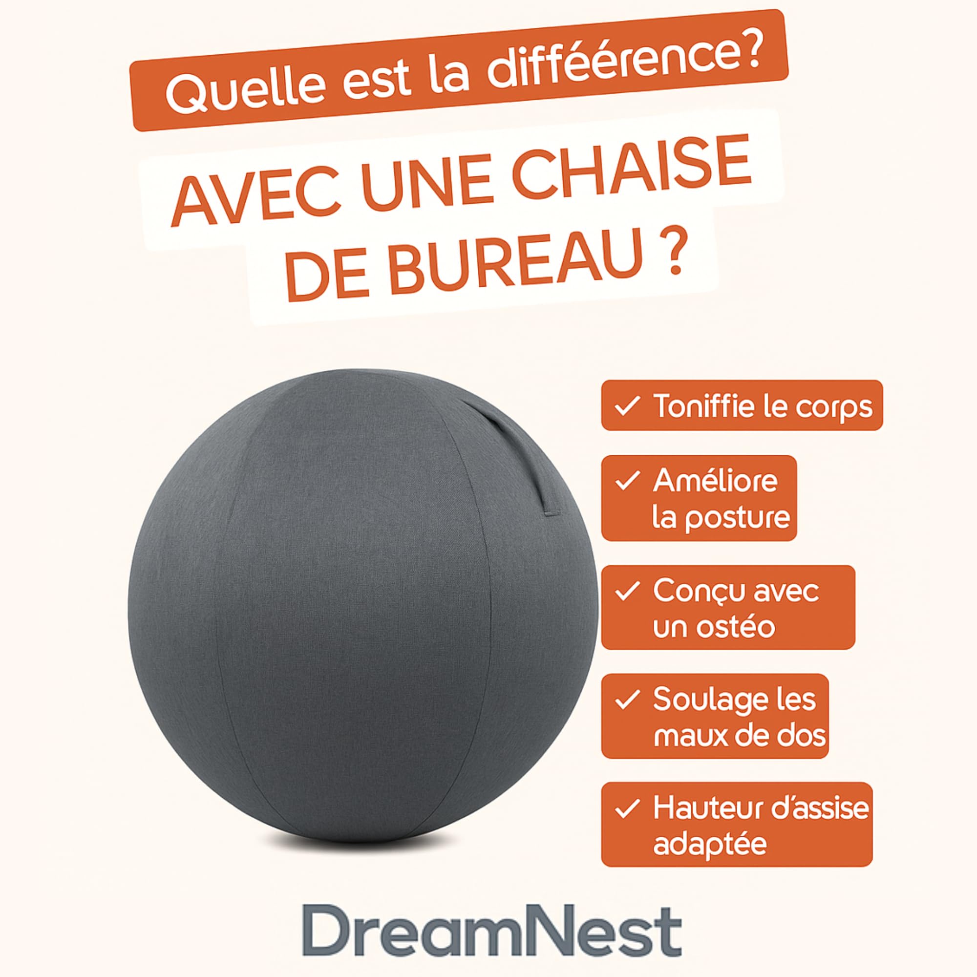 DreamNest - Siège Ballon de Yoga 65 cm | Balle de Gym Transformable en Chaise de Bureau | Tissu Chiné Confortable | Idéal Posture, Gainage, Bureau Ergonomique