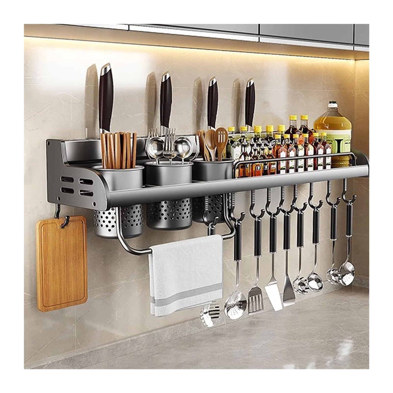GLJTUO Wall-Mounted Spice Rack, No Drill, Adjustable Hooks, Kitchen Utensil Holder & Knife Storage for an nized Cooking Space - Perfect for Home Chefs! (80cm),80cm-3 cups-10 hooks