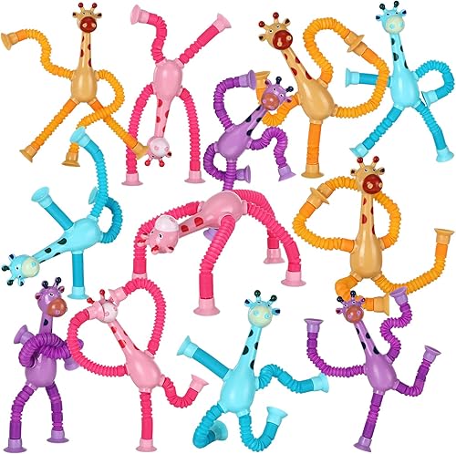 Meooeck 12 piezas telescópica de ventosa de jirafa juguete sensorial tubos que cambian de forma, juguetes sensoriales para ansiedad, autismo,