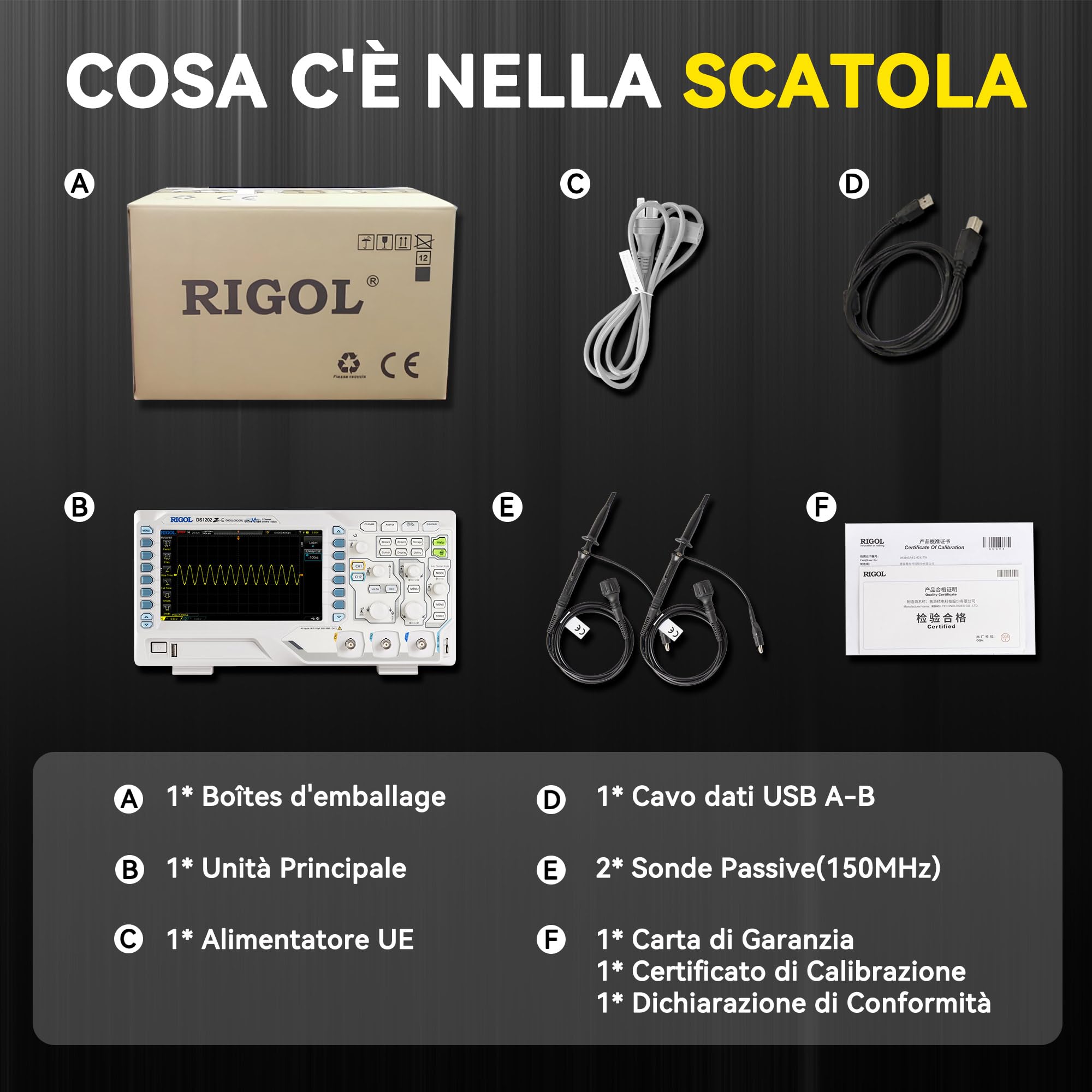RIGOL Oscilloscopio,DS1102Z-E Oscilloscopio Digitale,100 MHz,2 canali+EXT,schermo fosforo HD 7",Alto rapporto qualità-prezzo,ideale per R&D,manutenzione e didattica in laboratorio