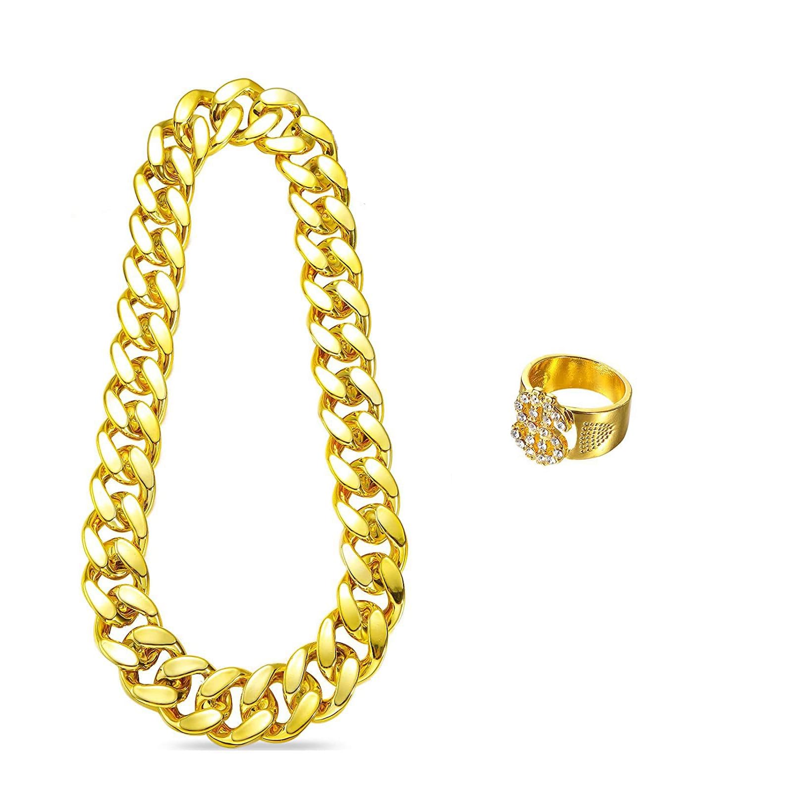 2pcs Hip Hop Costume Set including Fake Gold Chain & Accessories, 80s/90s Rapper Style Necklace and Ring for Men Women, Kids