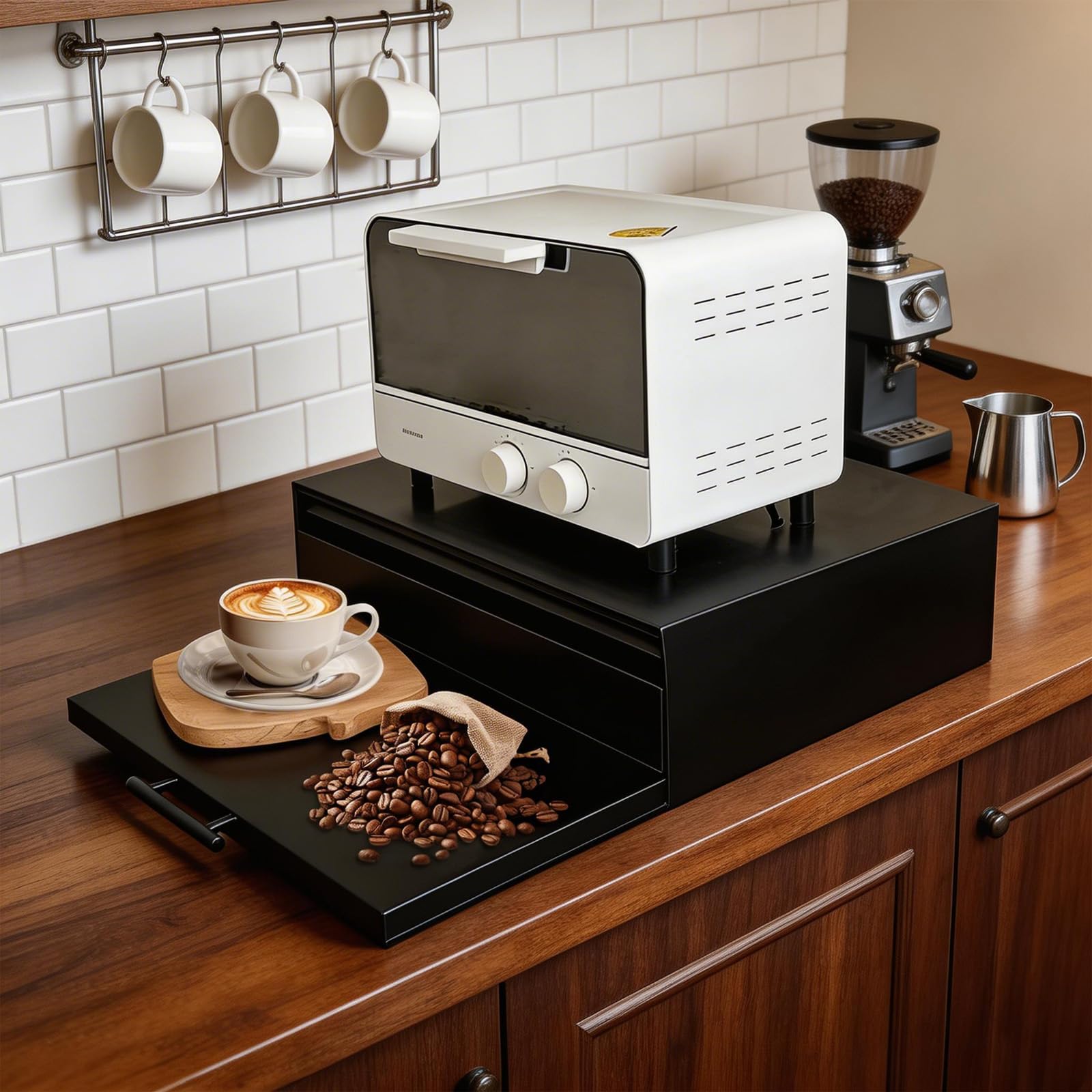 3-stöckiger Mikrowellen Regal mit Schublade, kompakter Mikrowellenhalter aus Kohlenstoffstahl Mikrowellenständer mit ausziehbarer Ablage, für Mikrowellen, Kaffeemaschinen
